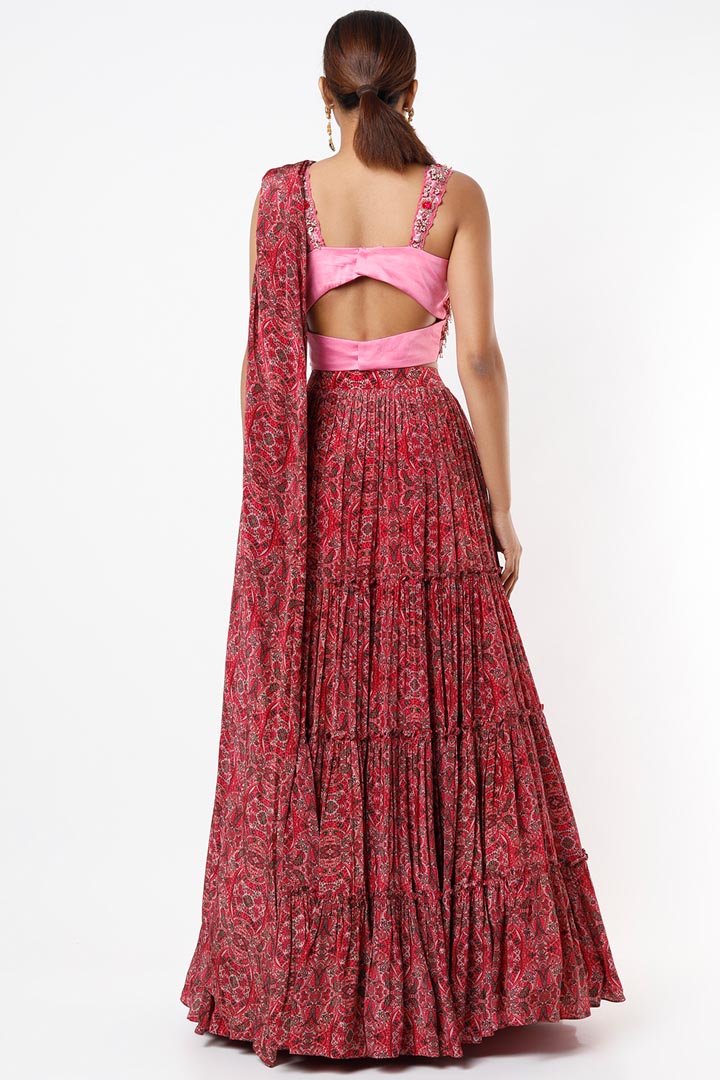 Pink Viscose Printed & Embellished Draped Lehenga Set