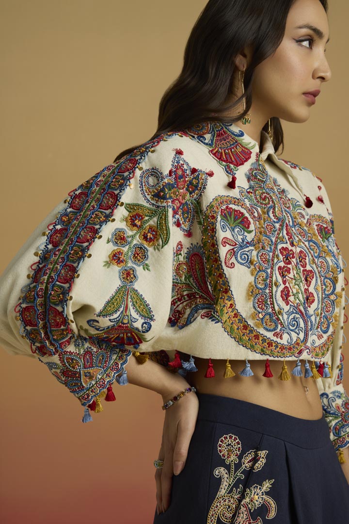 Ivory Kala Cotton Hand-Embroidered Kimono Bolero Jacket