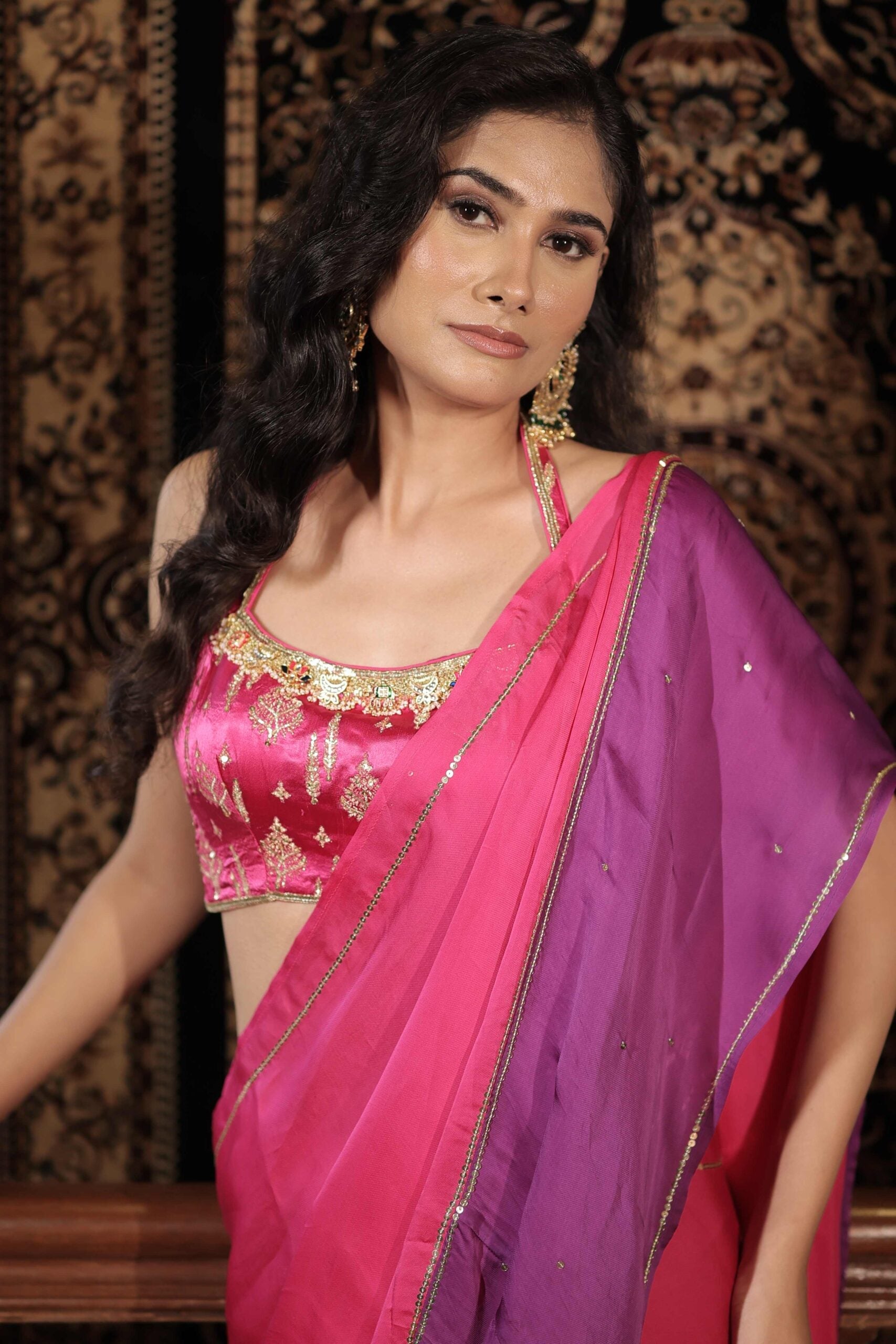 The " Gulabo " Saree Set /Pink jewel and pita work banarasi blouse and satin organza saree set
