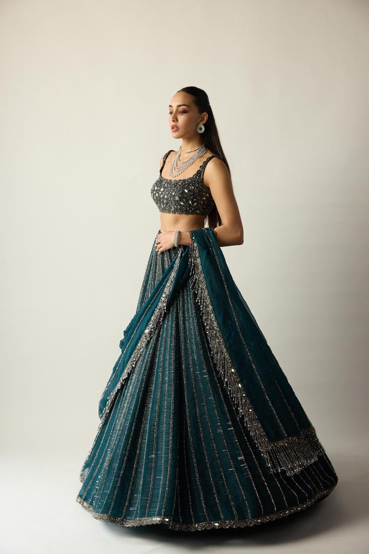 Dark Teal Linear Lehenga Set
