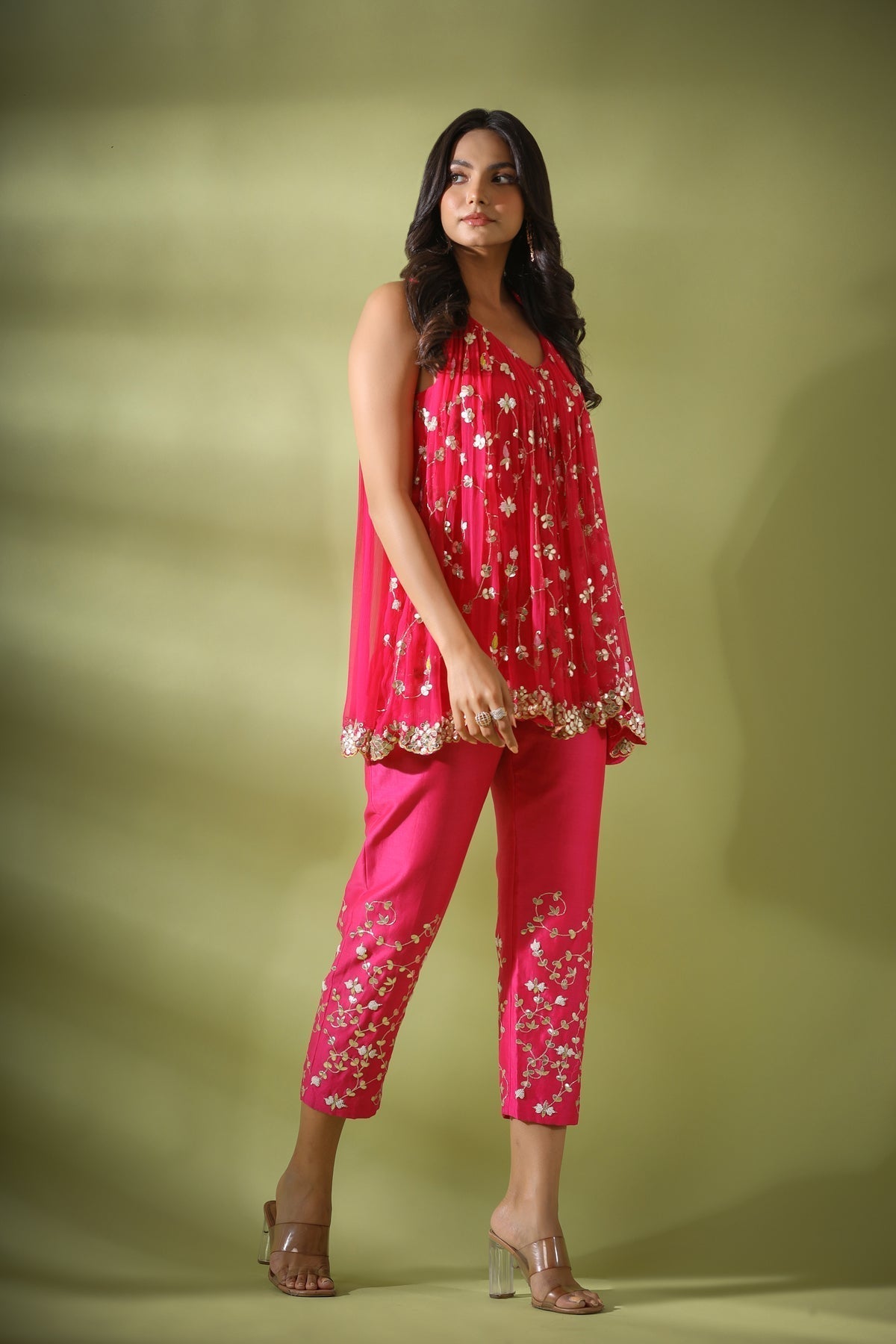 Image of Haseena phool jaal gota patti tunic pants co-ord set in fuchsia