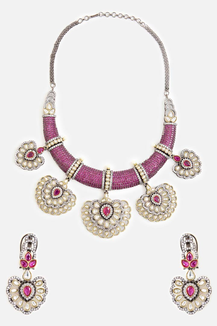 Purple Beaded Kundan-Style Necklace & Earring Set