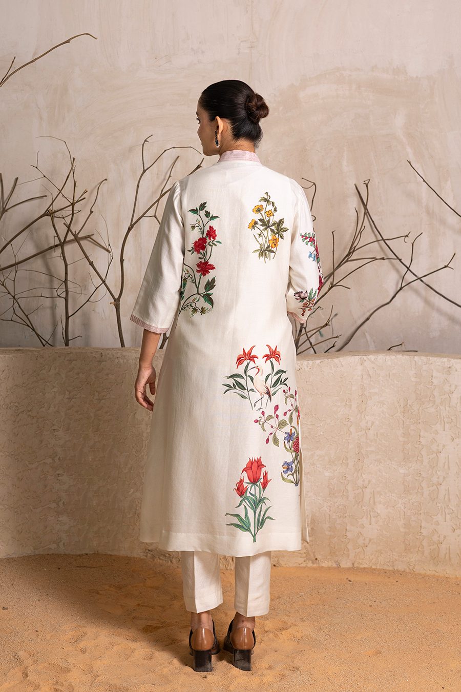 Ivory Silk Chanderi Floral Printed Front Open Dress (1 PC)