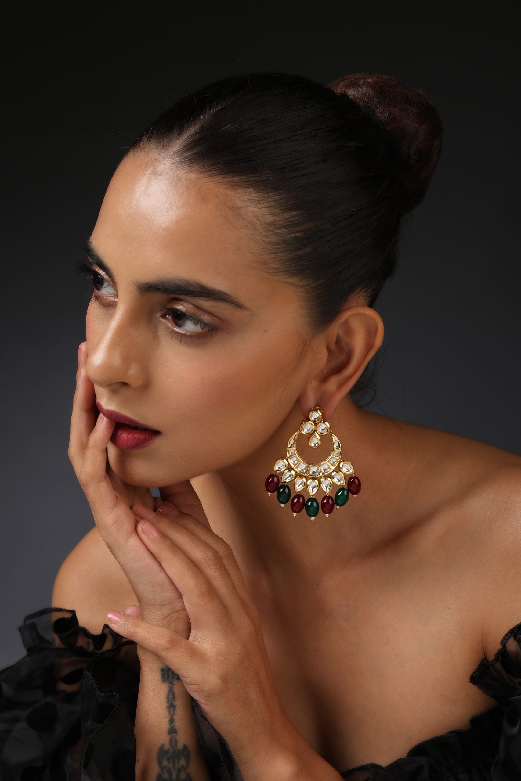 Multicolour Gold Tone Kundan Chandbali Earrings