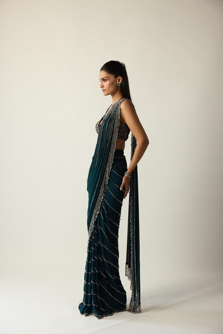 Dark Teal Linear Draped Saree