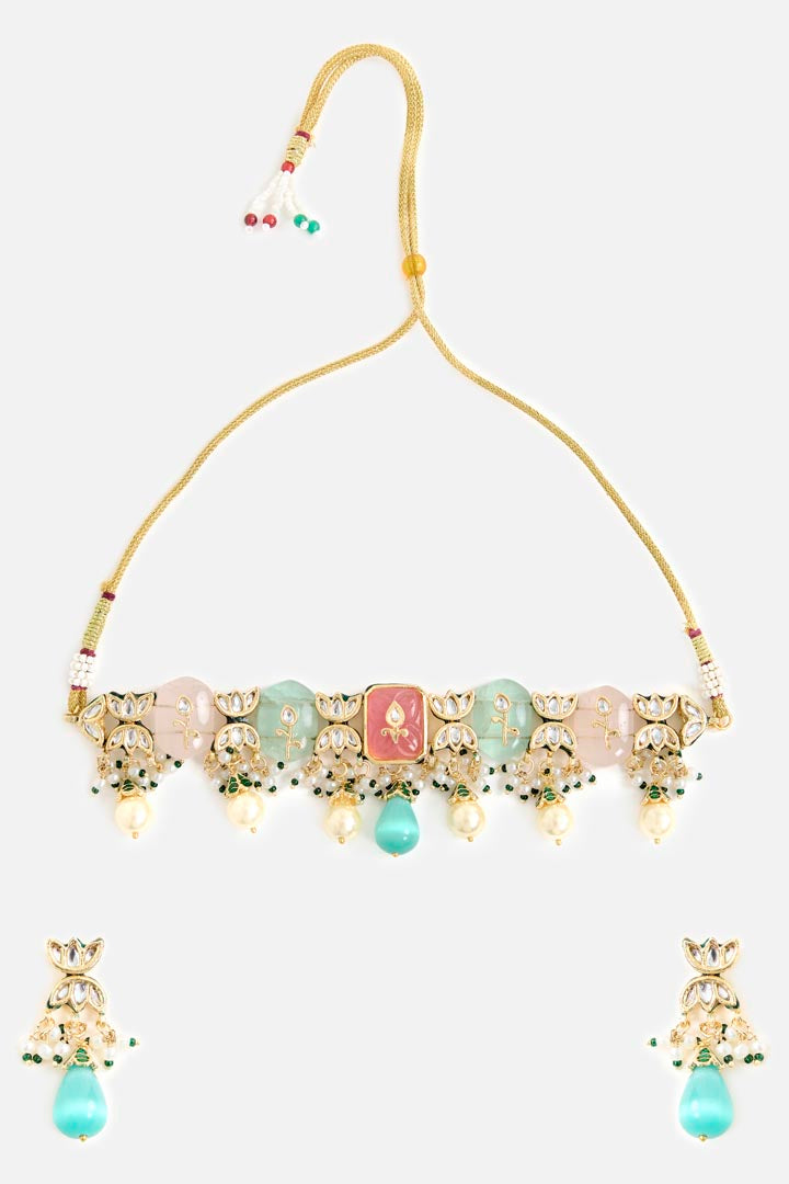 Gold-Tone Multicolor Stone Choker Necklace & Earring Set