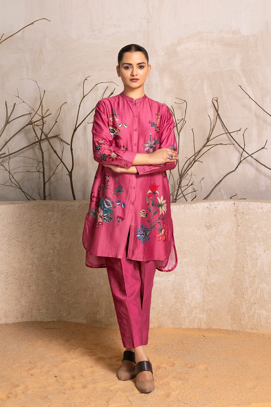Old Rose Silk Chanderi Printed Shirt Style Tunic (1 PC)