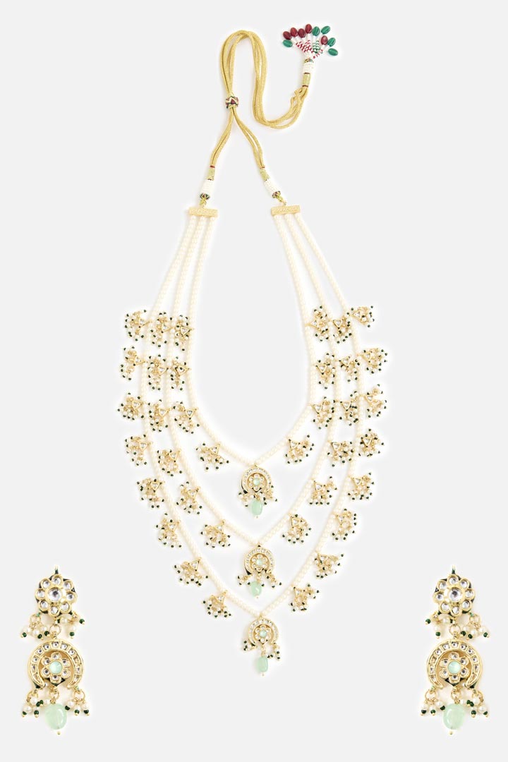 Layered Pearl Necklace & Earring Set with Gold-Tone Motifs and Green Stone Accents