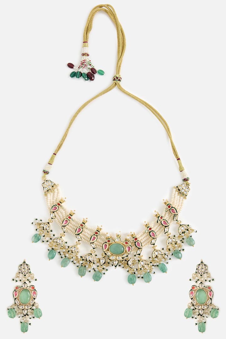 Gold-Tone Choker Necklace & Earring Set with Green Bead Detailing
