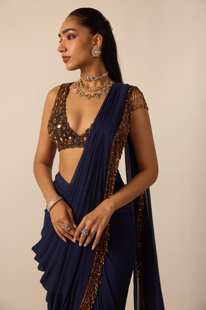 Deep Blue Georgette Tassel Saree