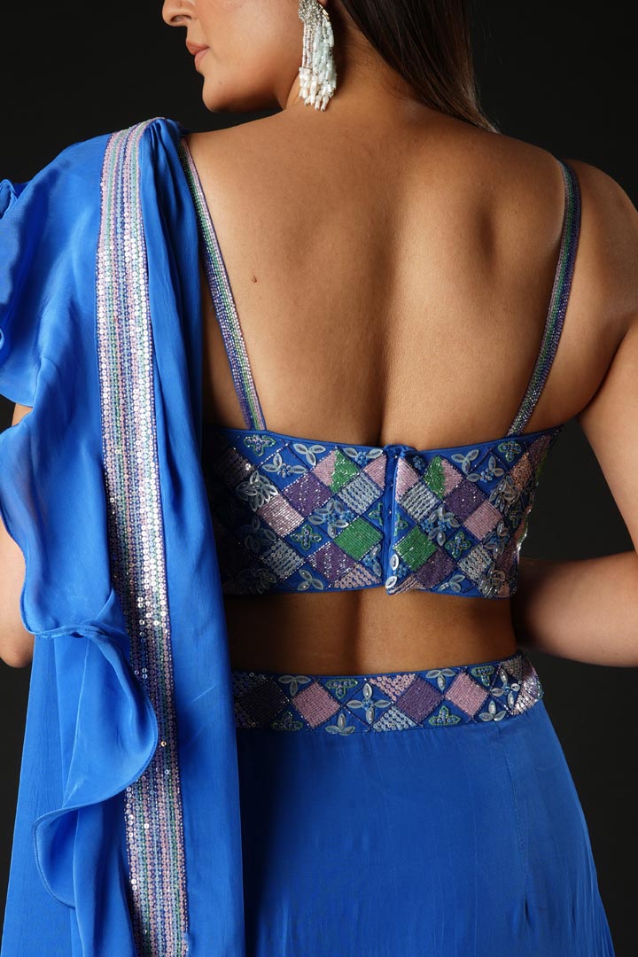 Cobalt Blue Viscose Ruffled Drape Saree Set