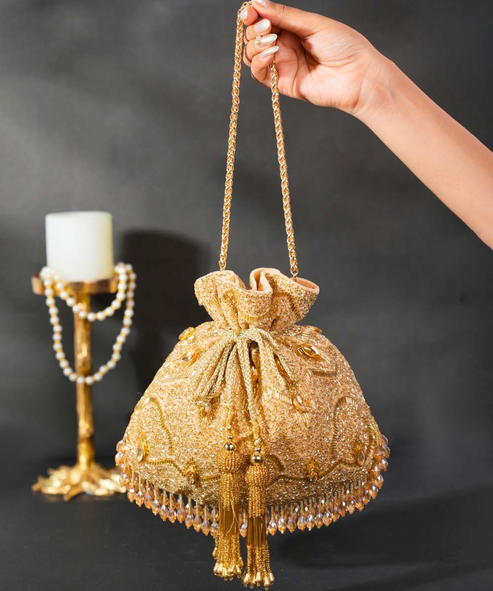 Sunheri Gold Georgette Embellished Potli
