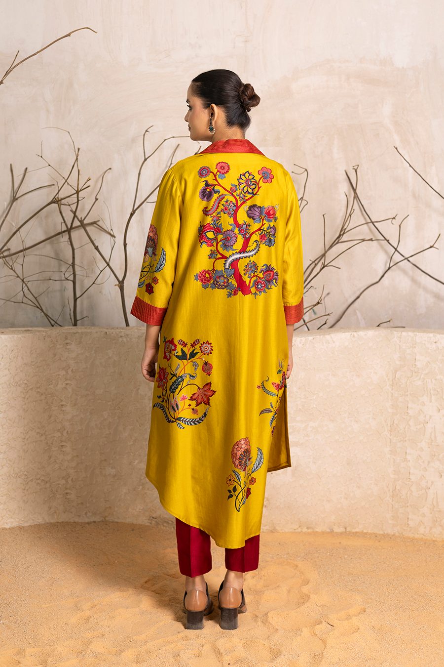 Yellow Silk Chanderi Chintz Printed Front Open Dress (1 PC)
