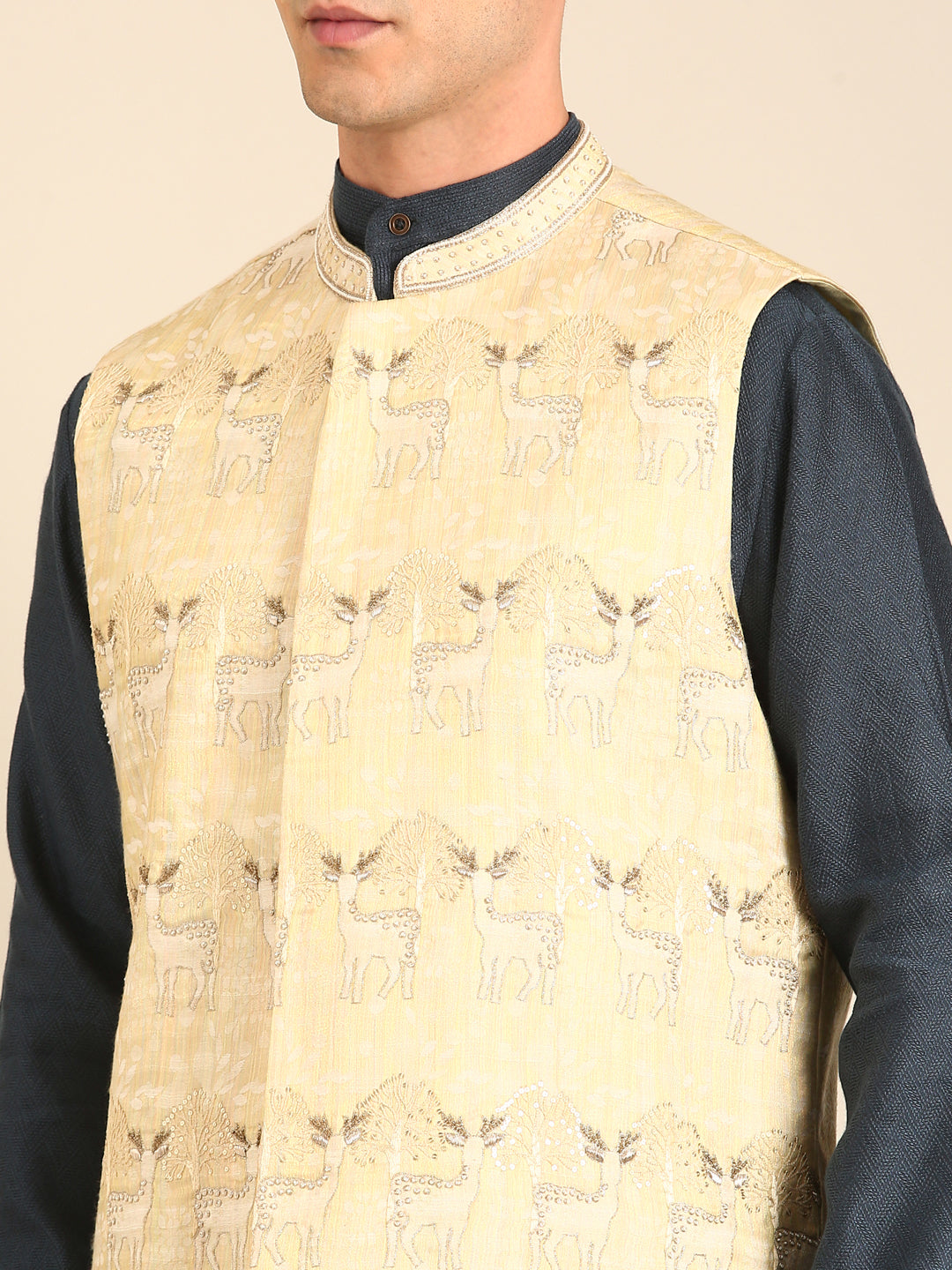 Green-Gold Silk Jacquard Nehru Jacket