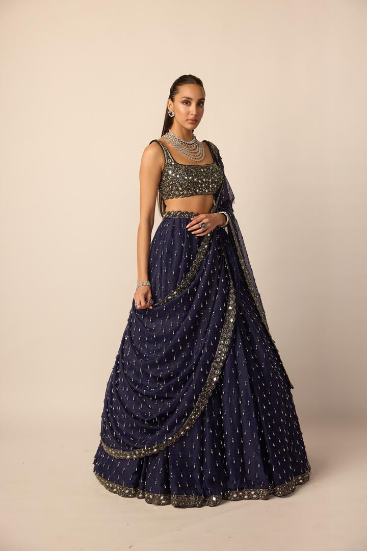 Deep Blue Single Drop Lehenga Set