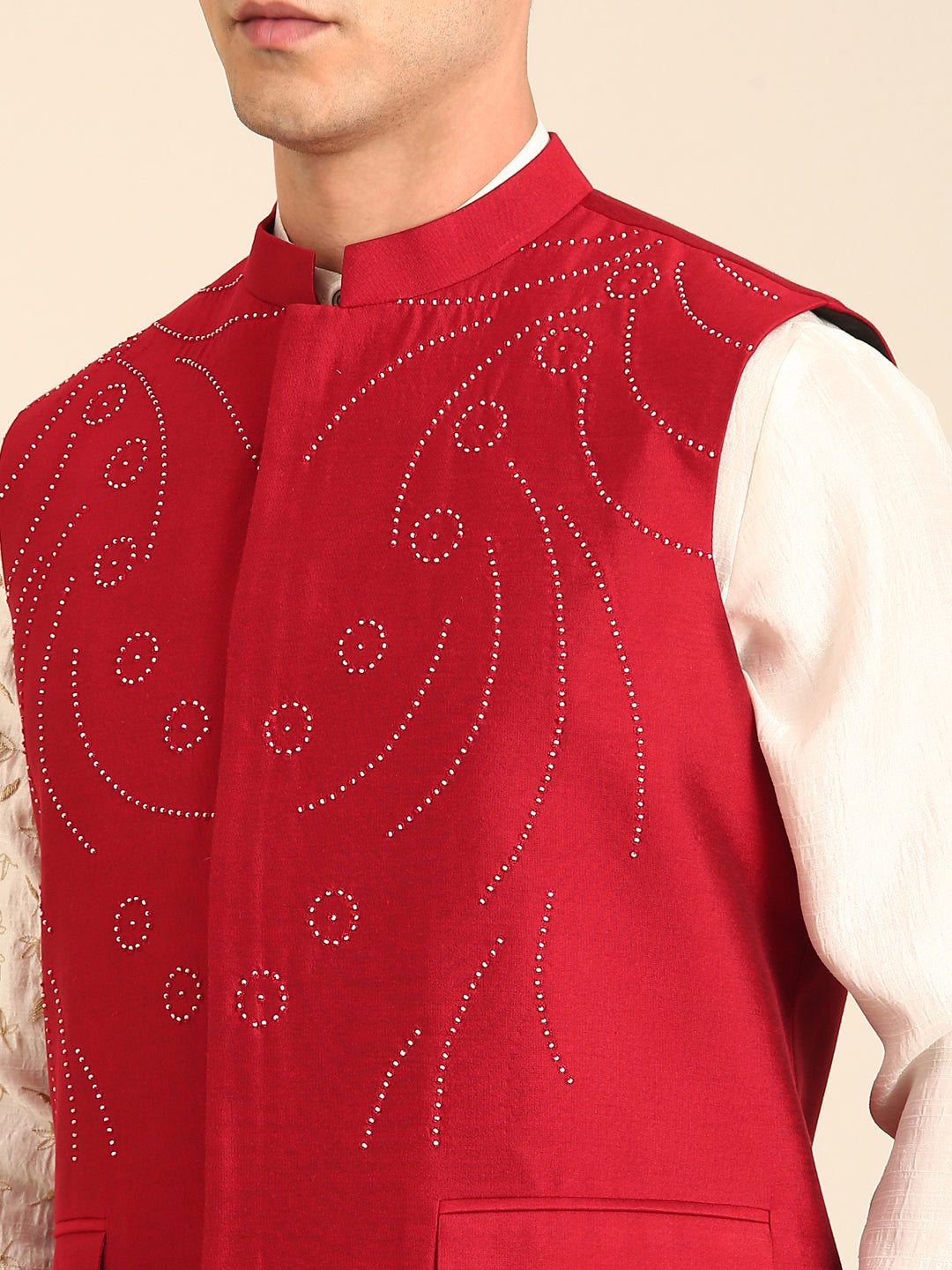 Red Silk Cotton Nehru Jacket