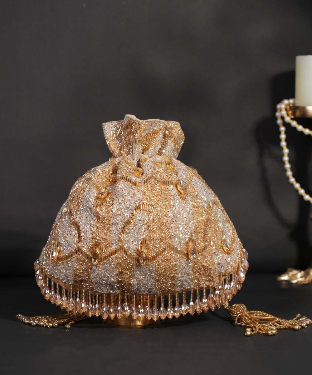 Sunheri Gold and Silver Georgette Embellished Potli