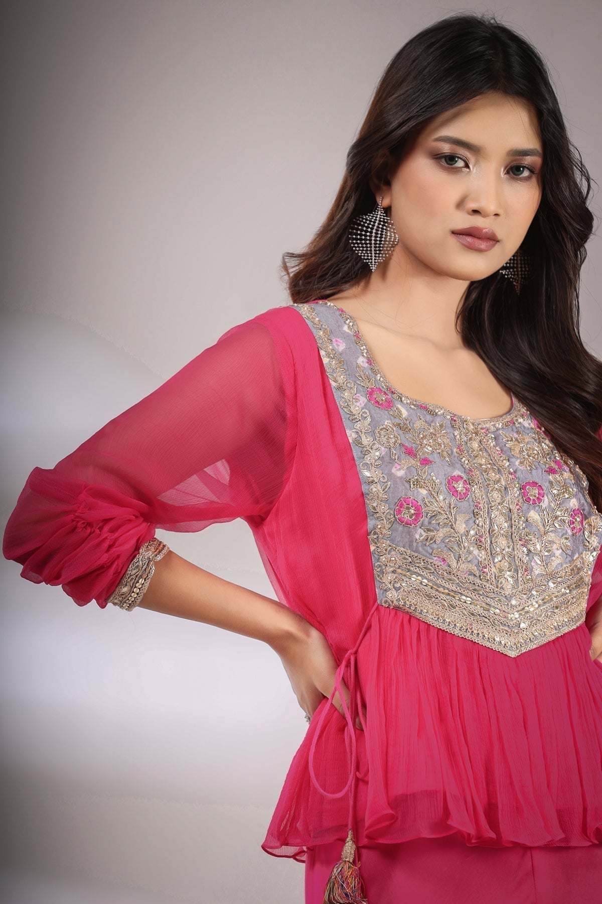 Image of Haseena folk co-ord set in hot pink