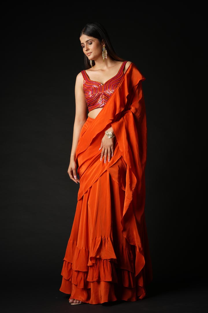 Rust Viscose Ruffled Saree Set