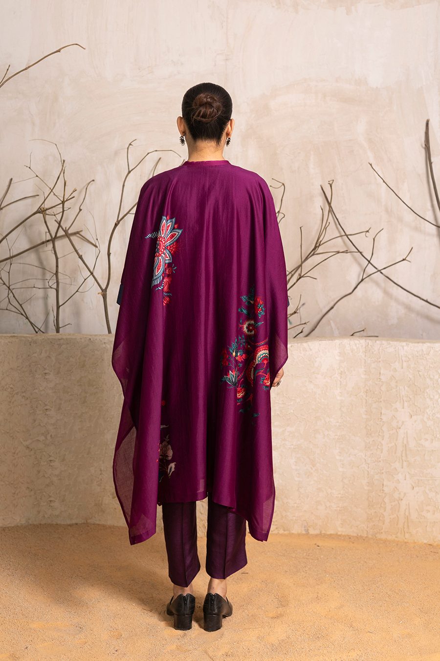 Wine Silk Chanderi Printed Kaftan Style Dress (1 PC)