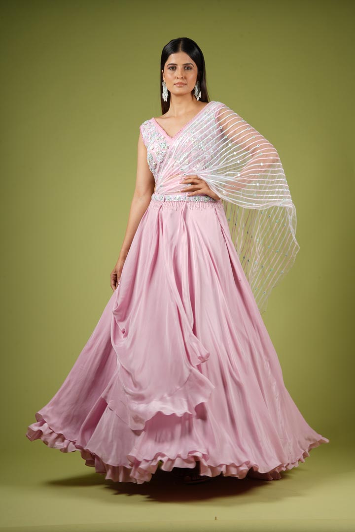 Onion Pink Viscose Ruffled Lehenga Set