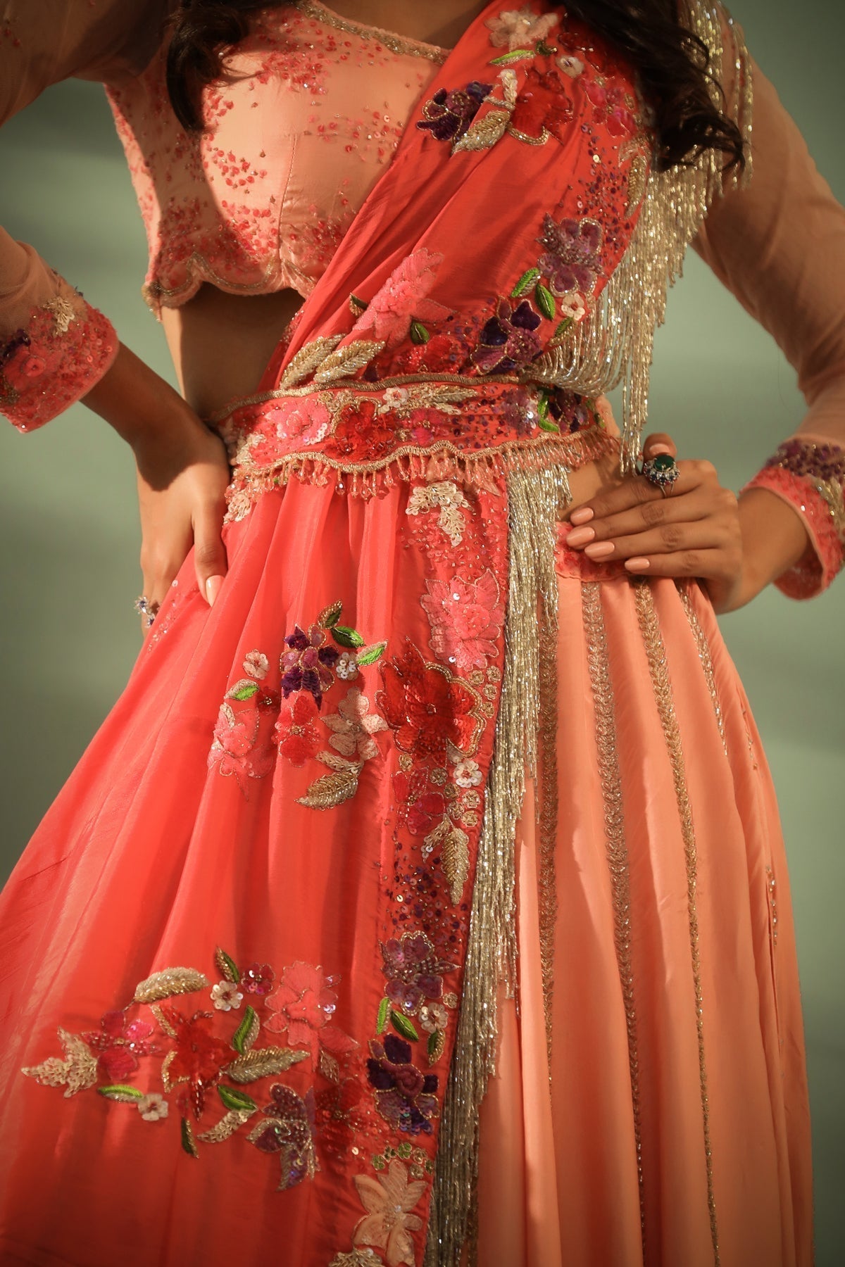 Image of Haseena coral & peach tier kali combo lehenga set