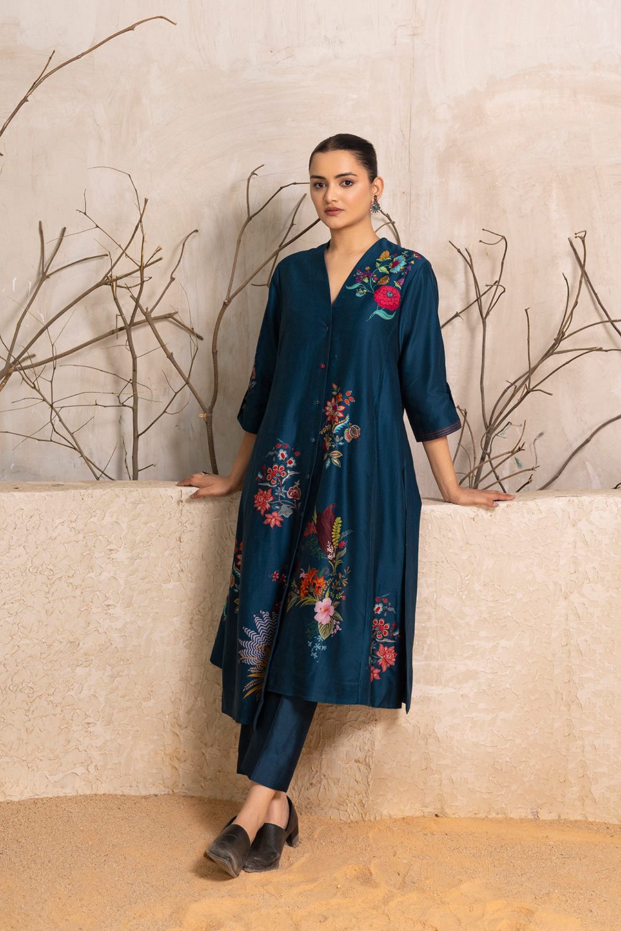 Indigo Silk Chanderi Printed High-Low Dress (1 PC)
