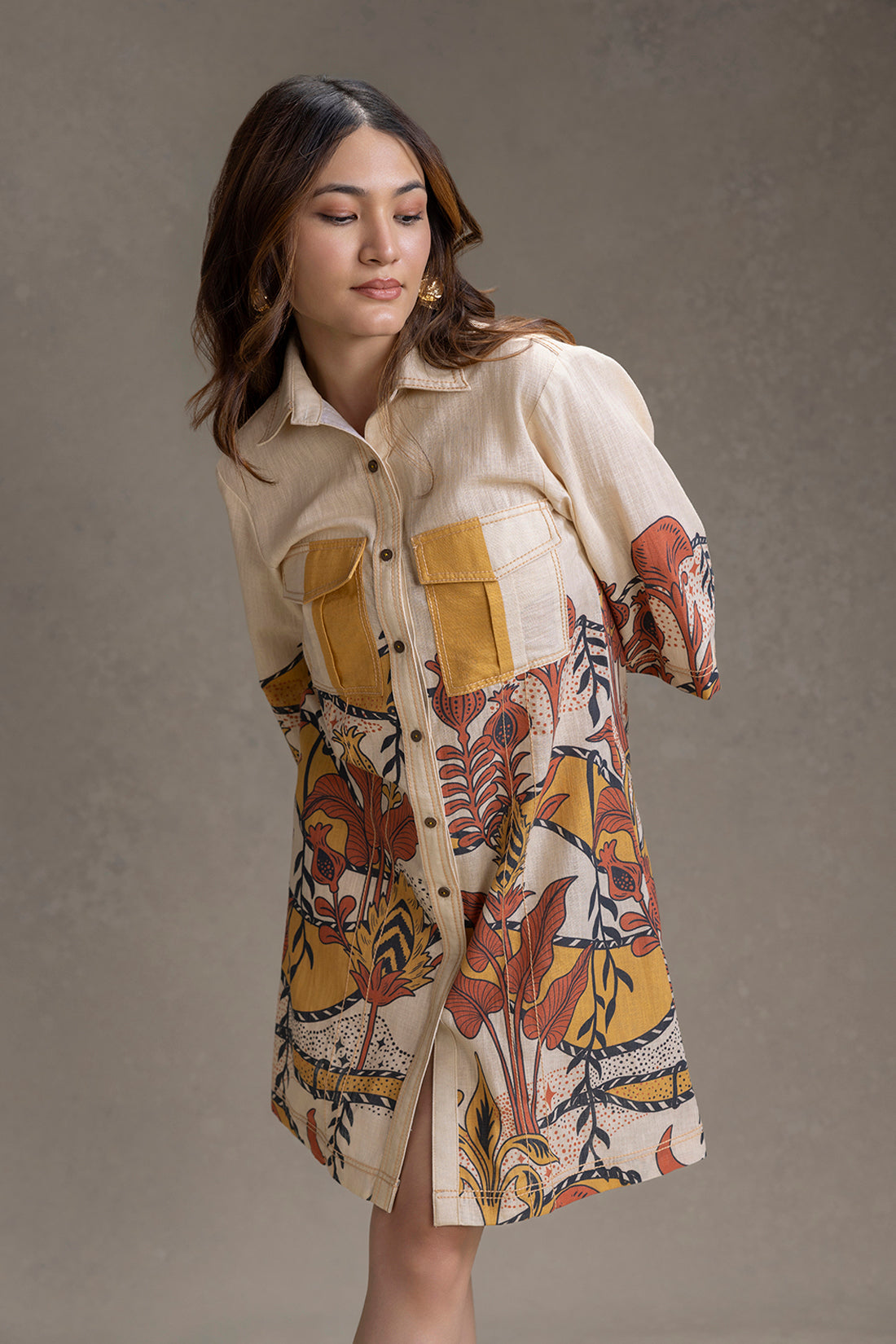 Beige Naomi Printed Shirt Dress