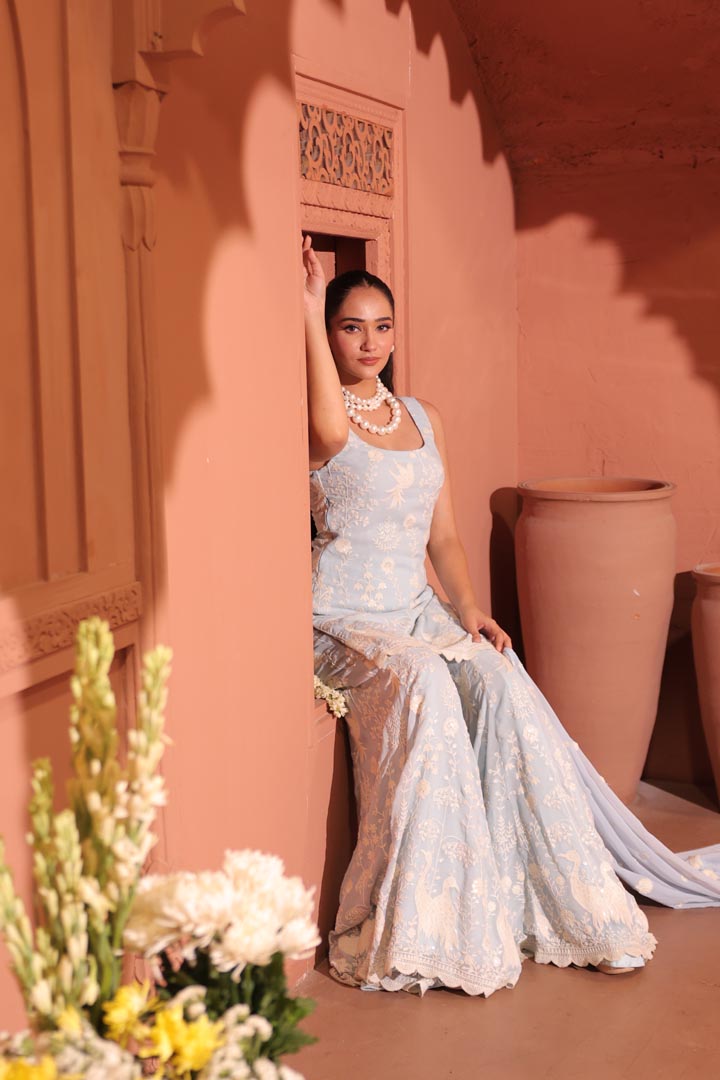 Powder Blue Peacock Embroidered Sharara Set