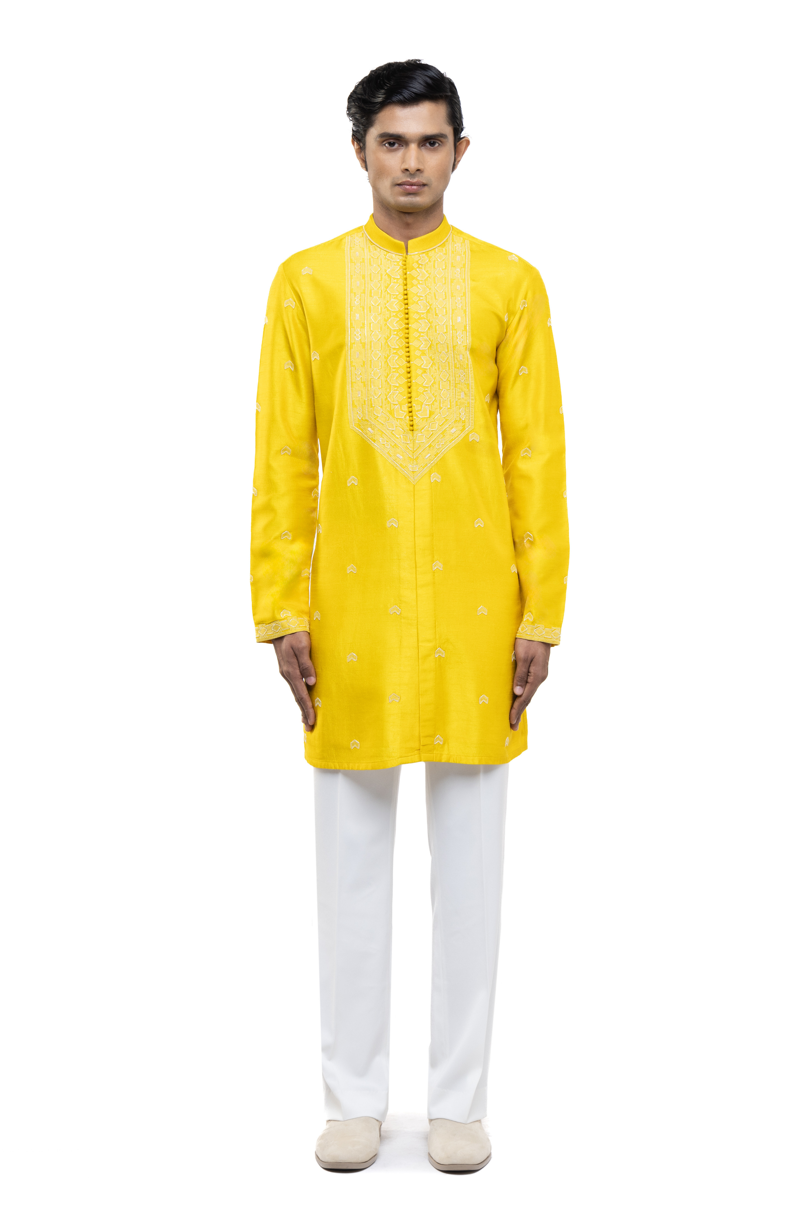 Yellow & White Silk Hand Embroidery Kurta Set