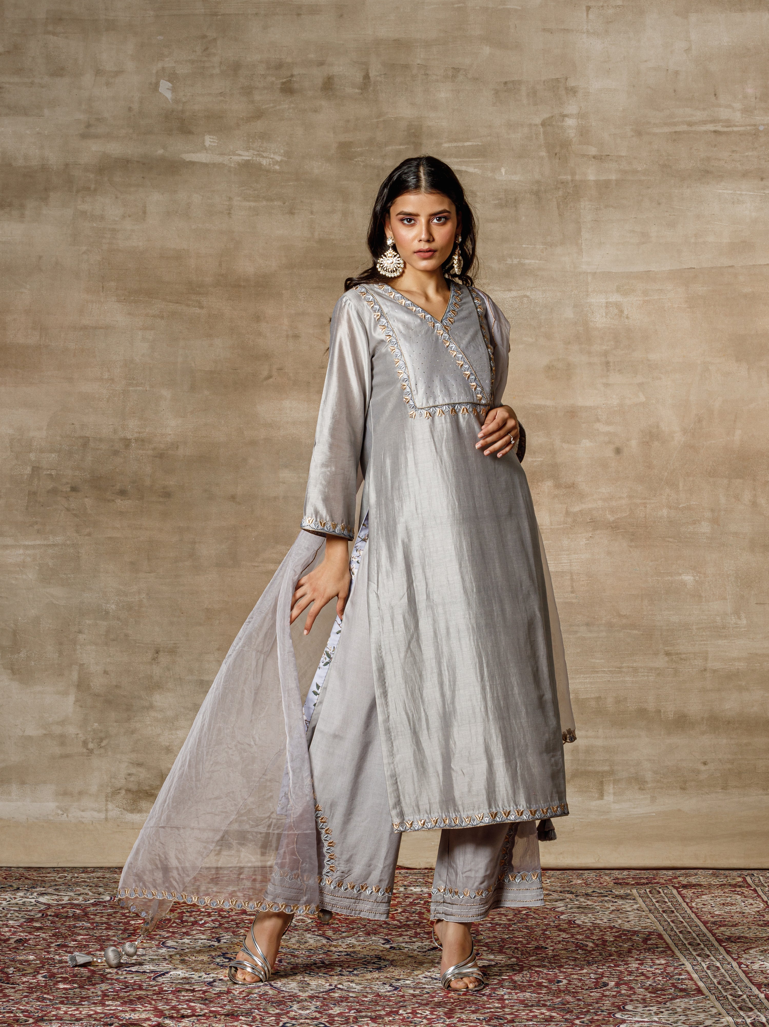 Grey Embroidered Chanderi Kurta Palazzo Set - Swarovski Edition