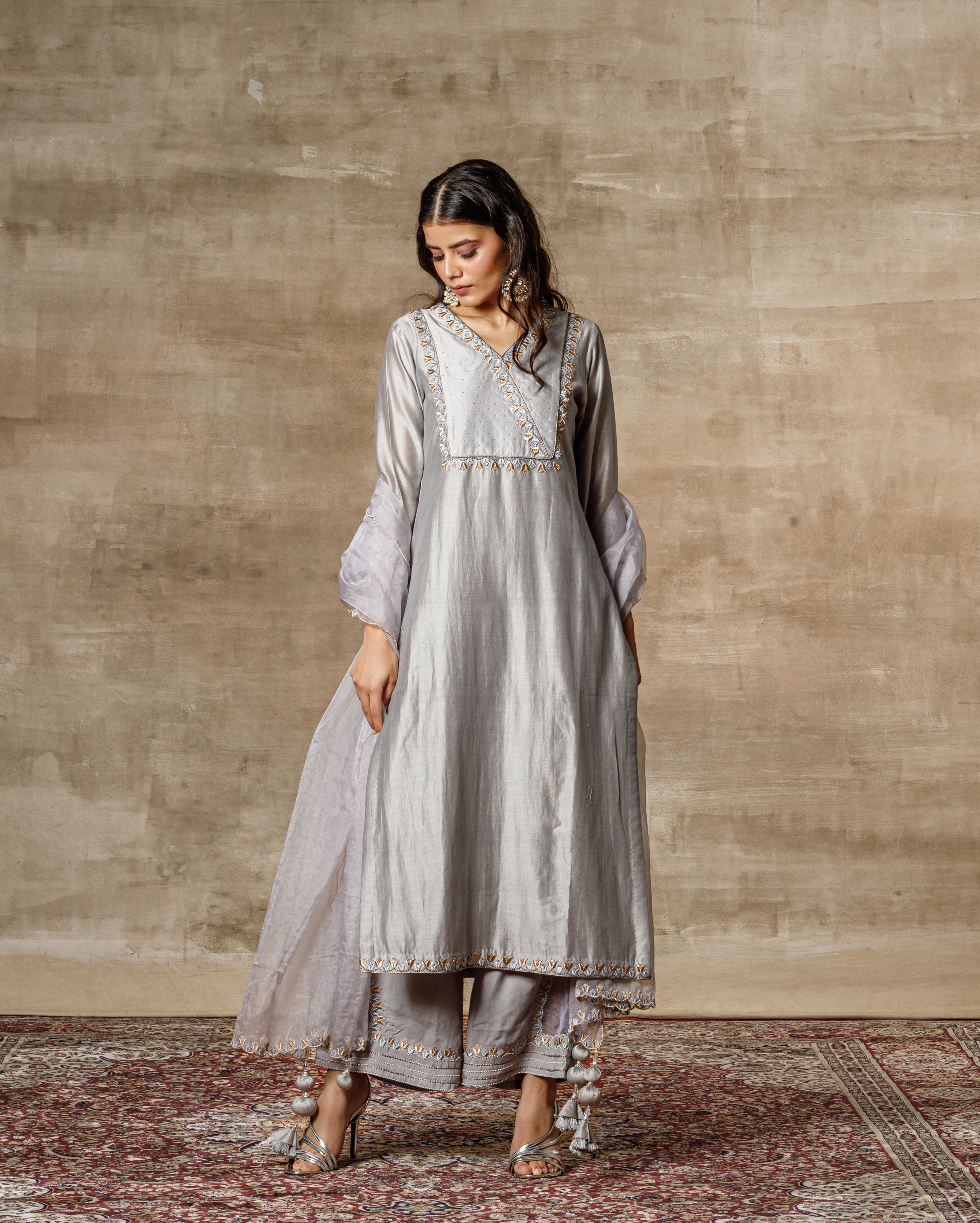 Grey Embroidered Chanderi Kurta Palazzo Set - Swarovski Edition