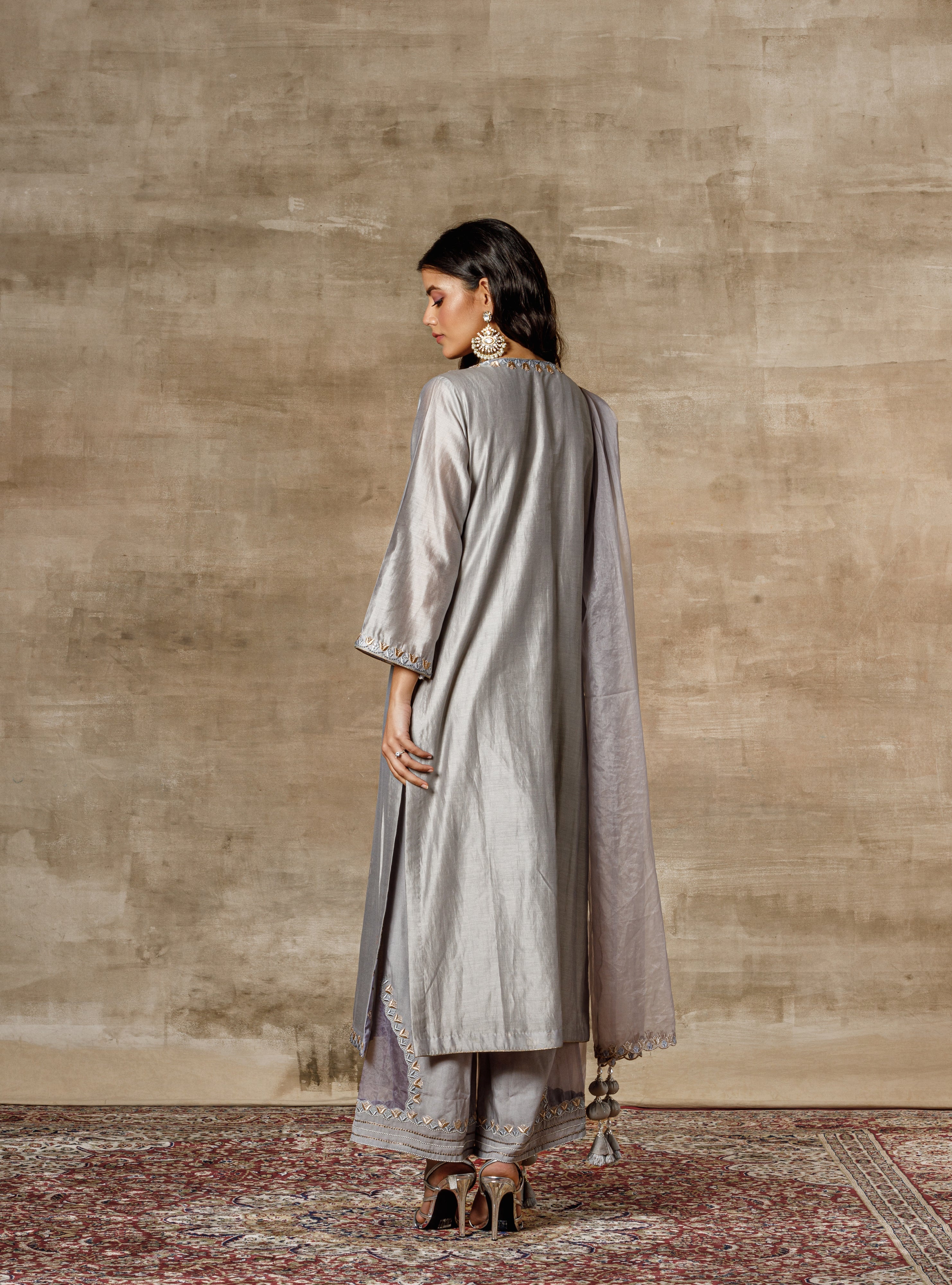 Grey Embroidered Chanderi Kurta Palazzo Set - Swarovski Edition