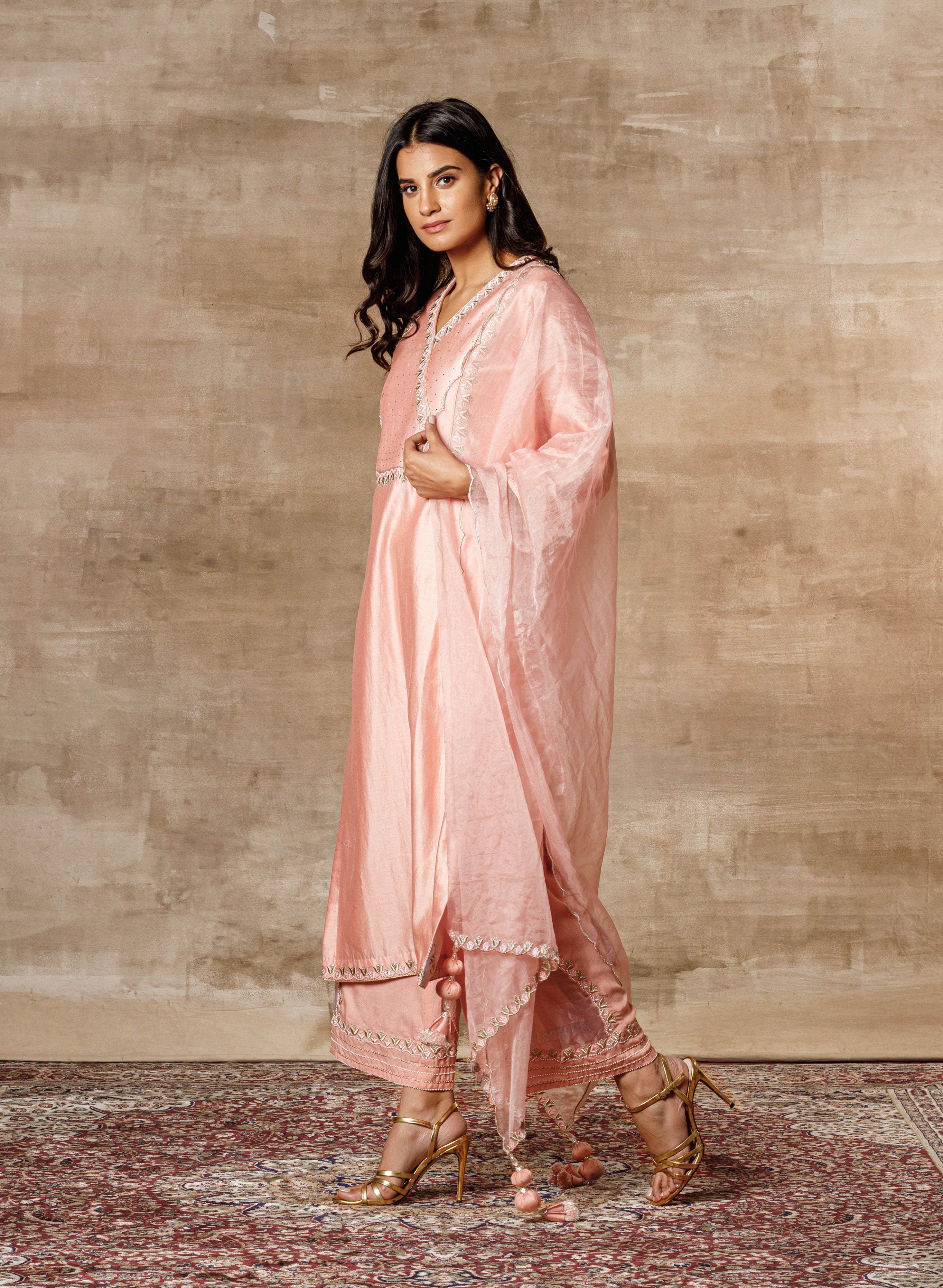 Swarovski Peach Chanderi Embroidered Straight Kurta Set for Women