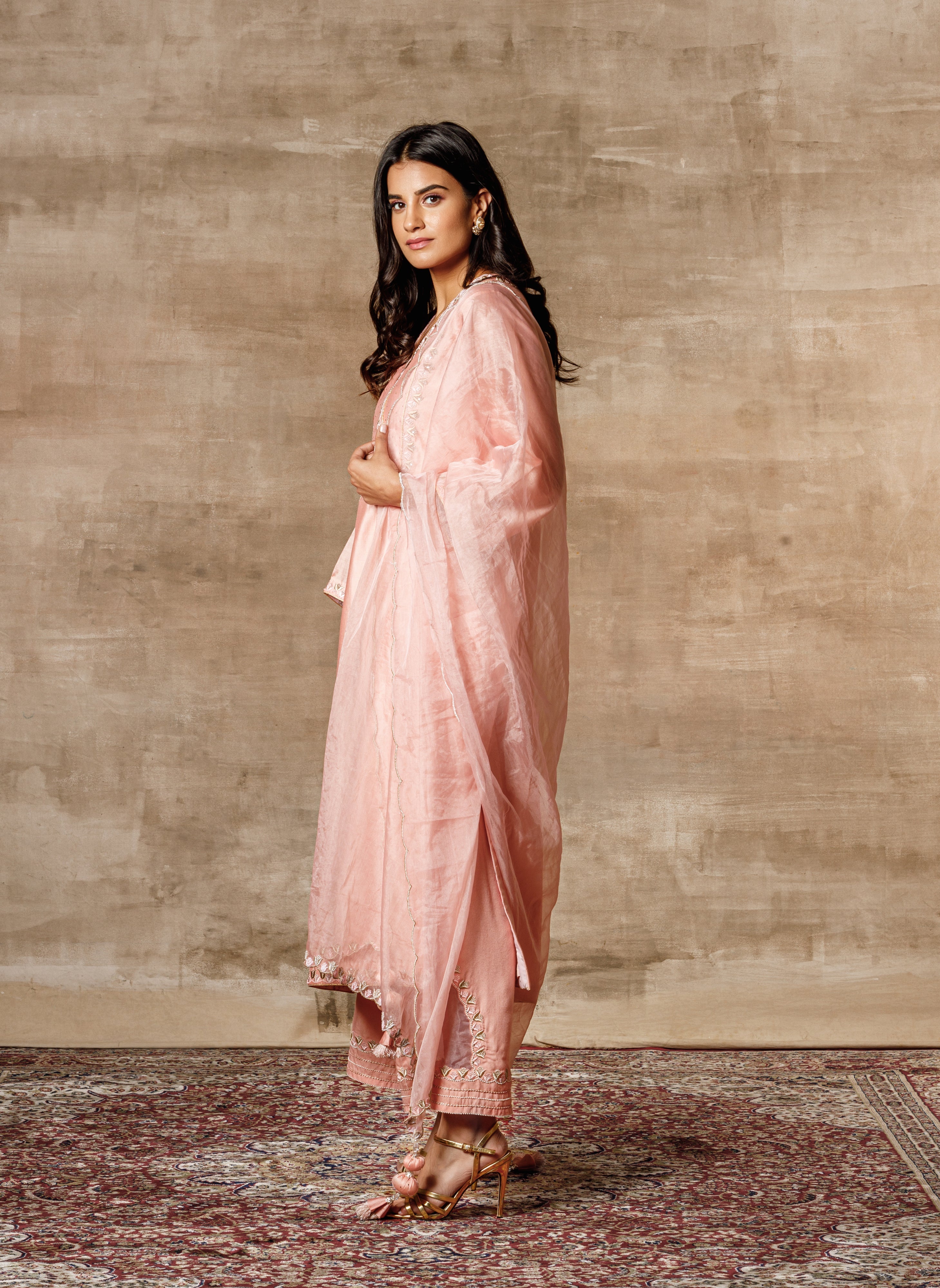 Swarovski Peach Chanderi Embroidered Straight Kurta Set for Women