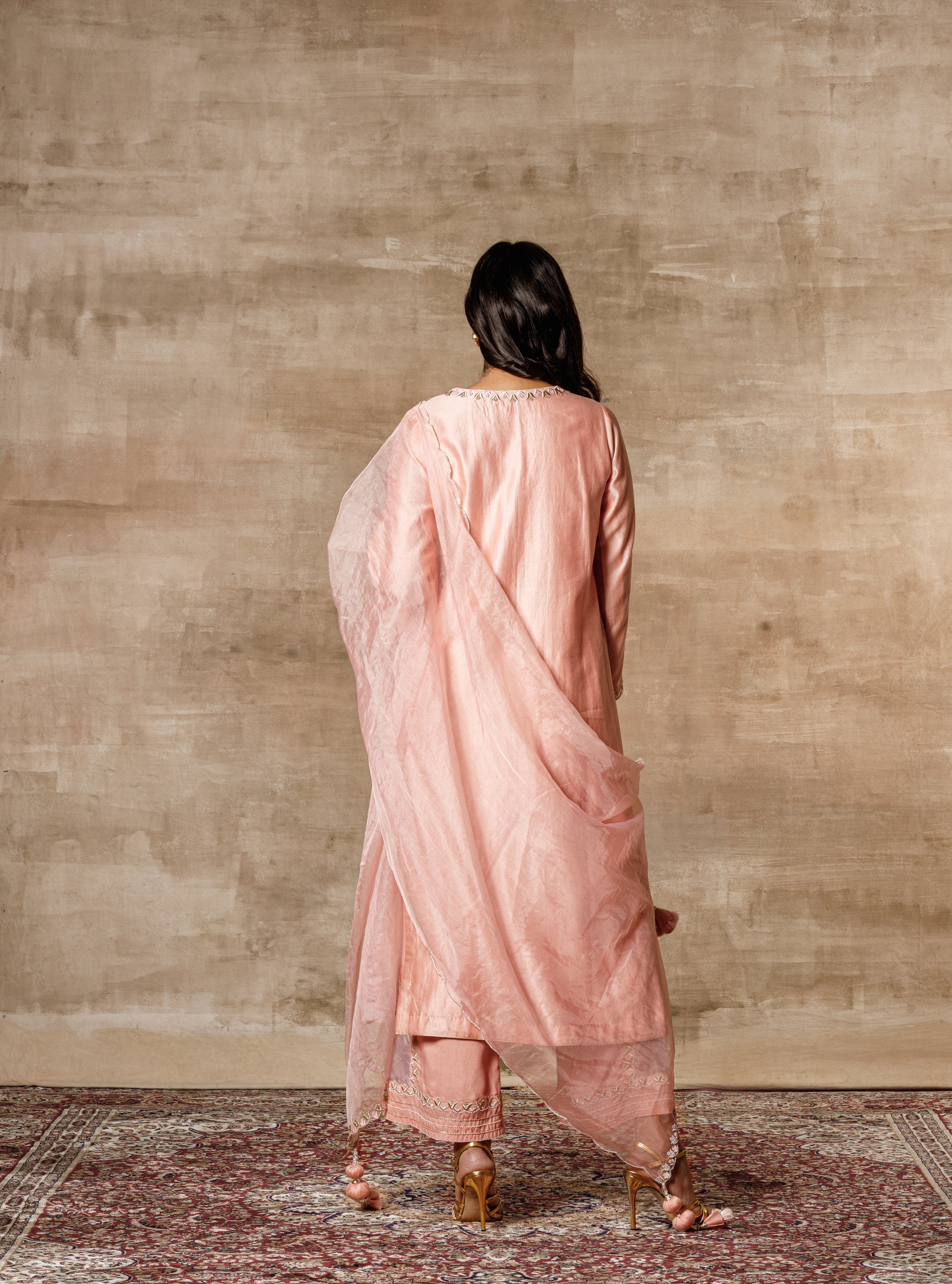Swarovski Peach Chanderi Embroidered Straight Kurta Set for Women