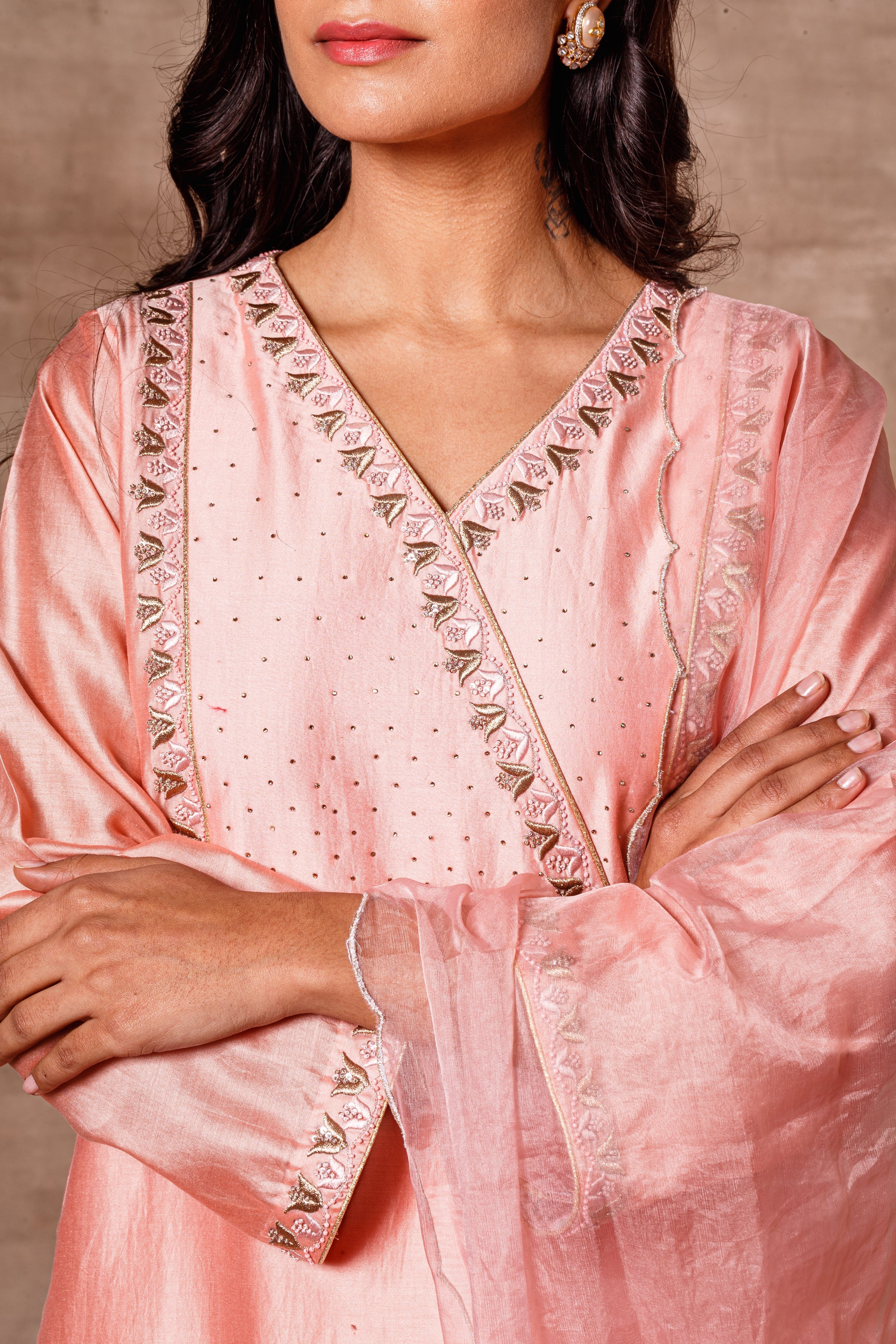 Swarovski Peach Chanderi Embroidered Straight Kurta Set for Women