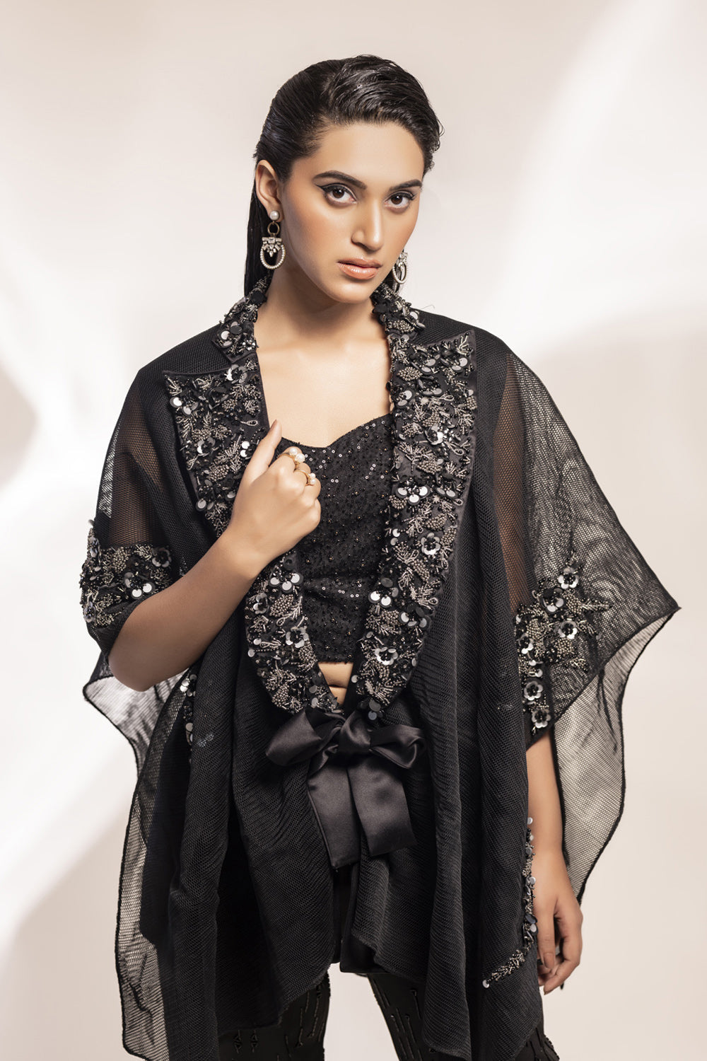 Black Scuba Mesh Kaftan Jacket - Auraya Fashion 