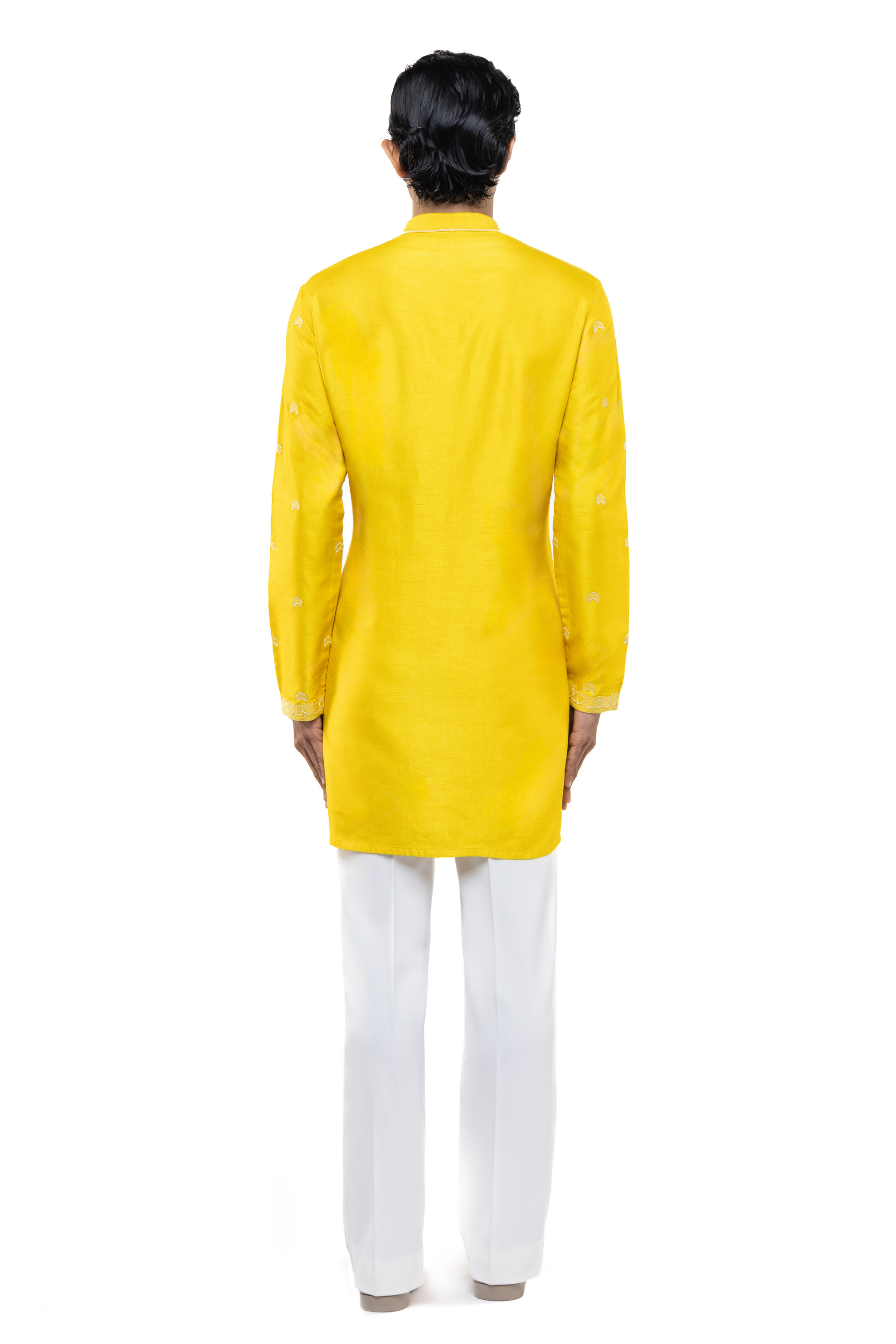 Yellow & White Silk Hand Embroidery Kurta Set