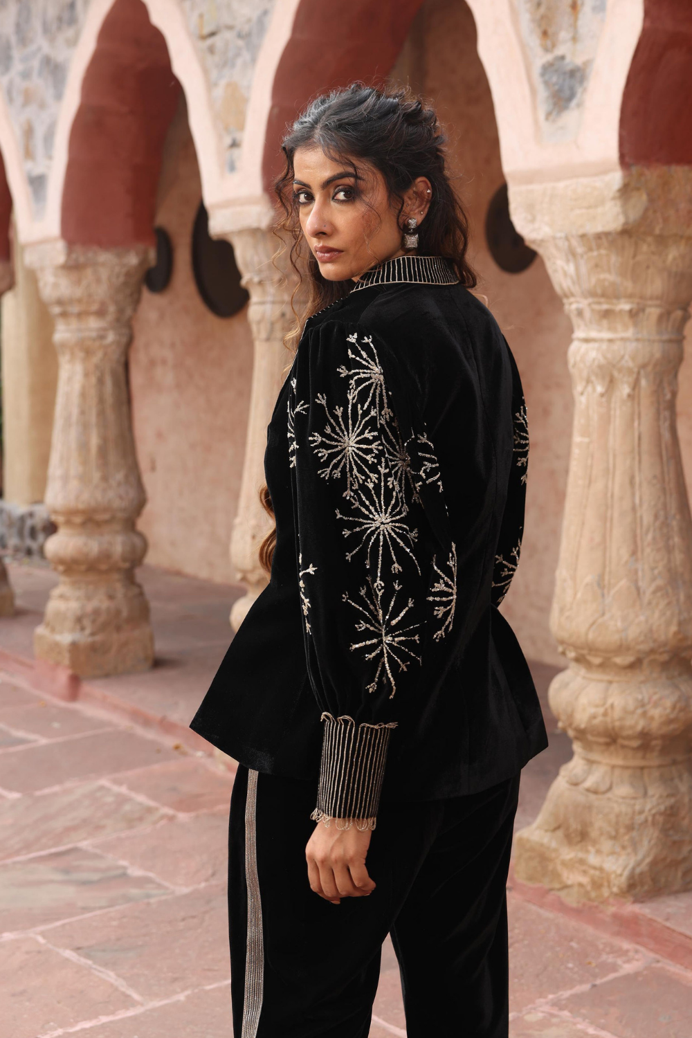 Black Velvet Embellished Jacket and High Hipster Pants Co-ord Set