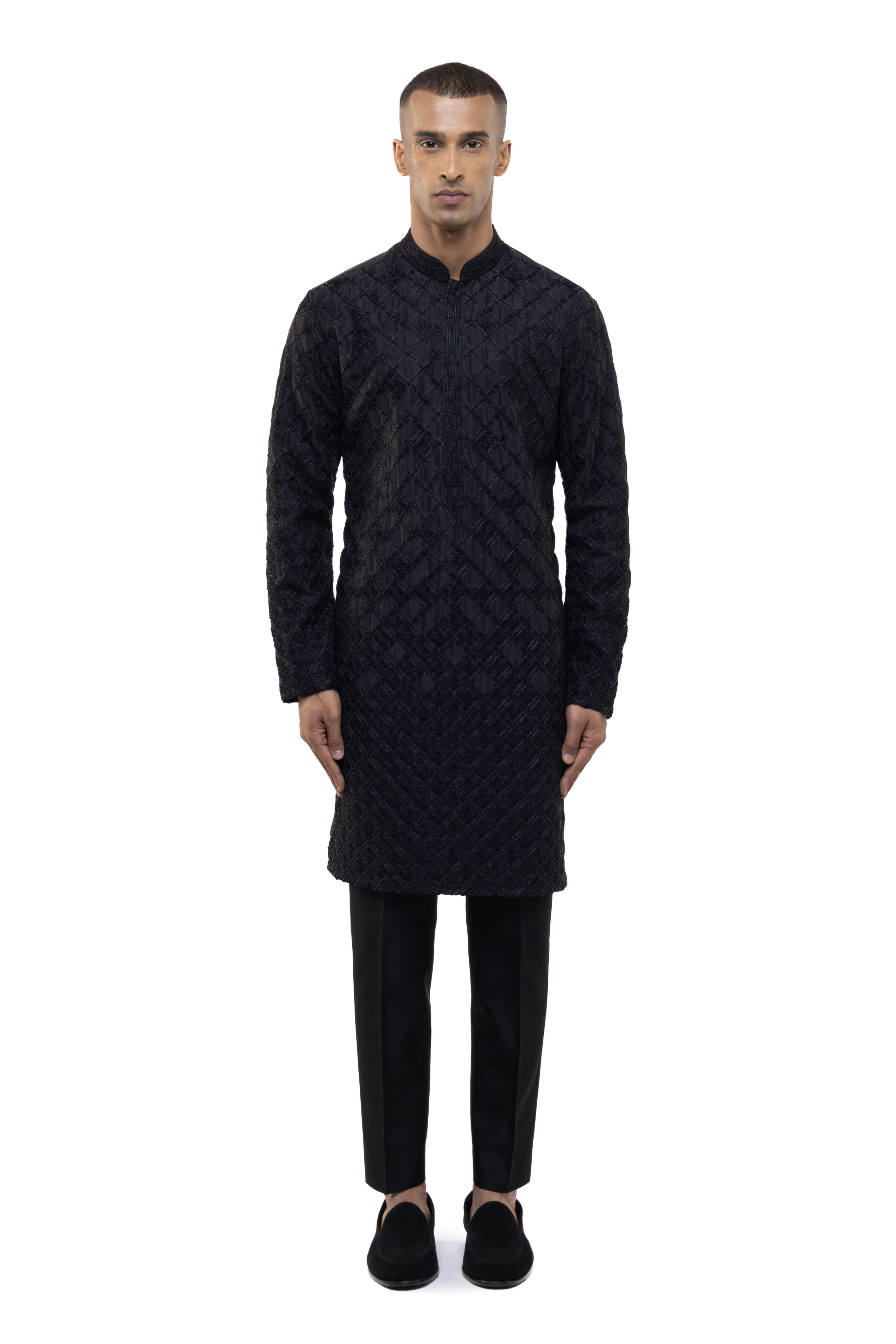 Black Silk Geometrical Thread Embroidered Kurta Set
