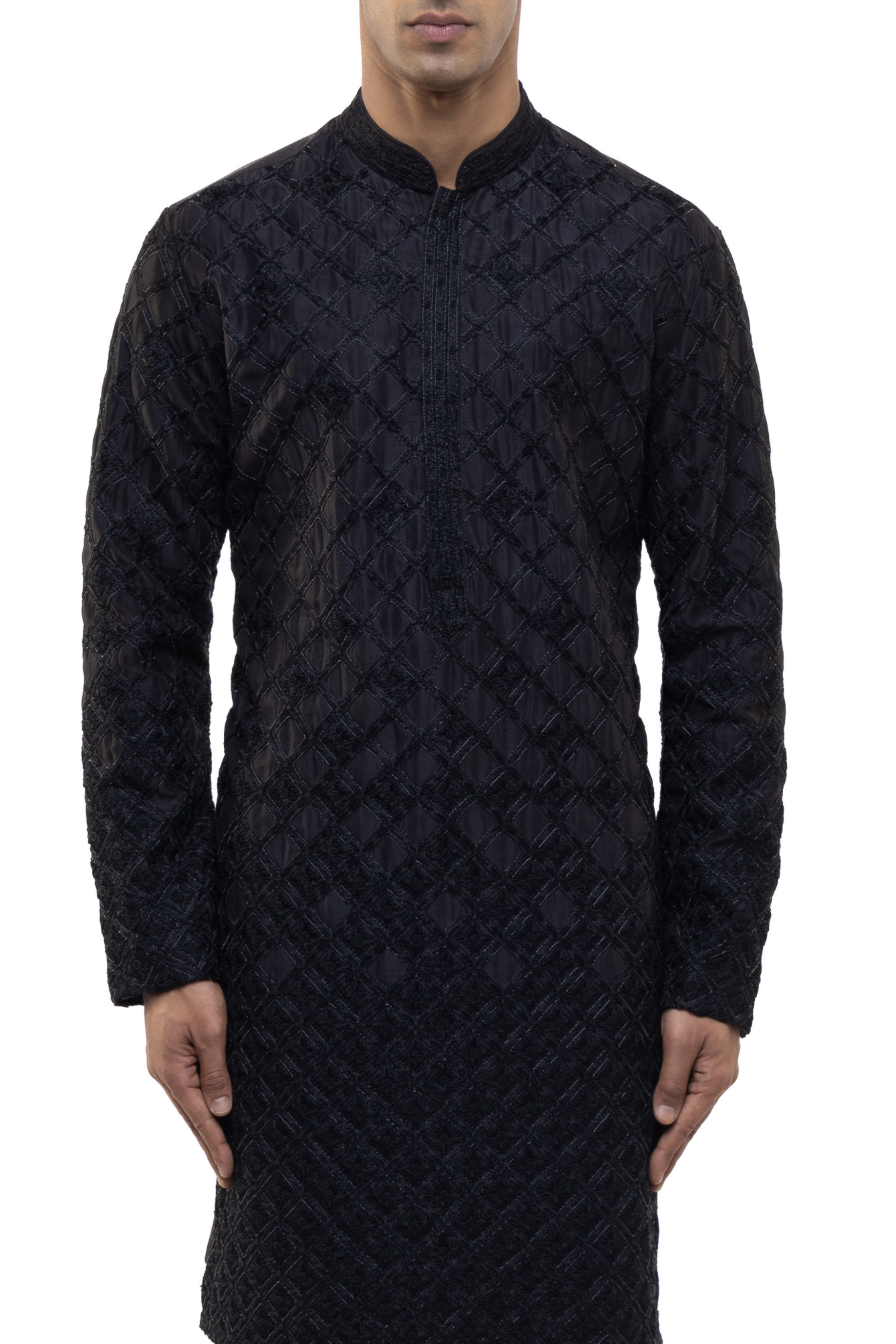 Black Silk Geometrical Thread Embroidered Kurta Set