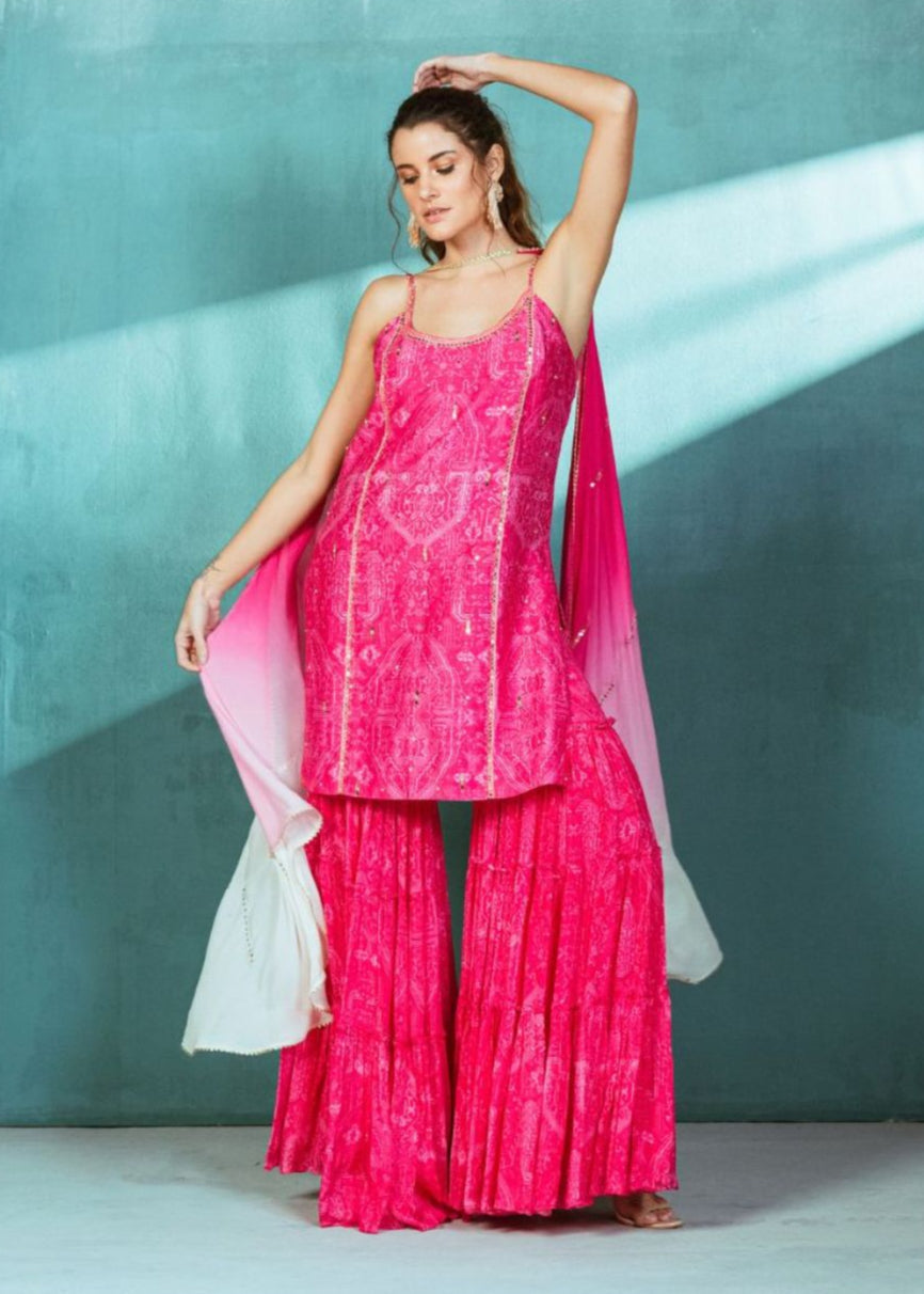 Fuschia Pink Chanderi Kurta Sharara Set