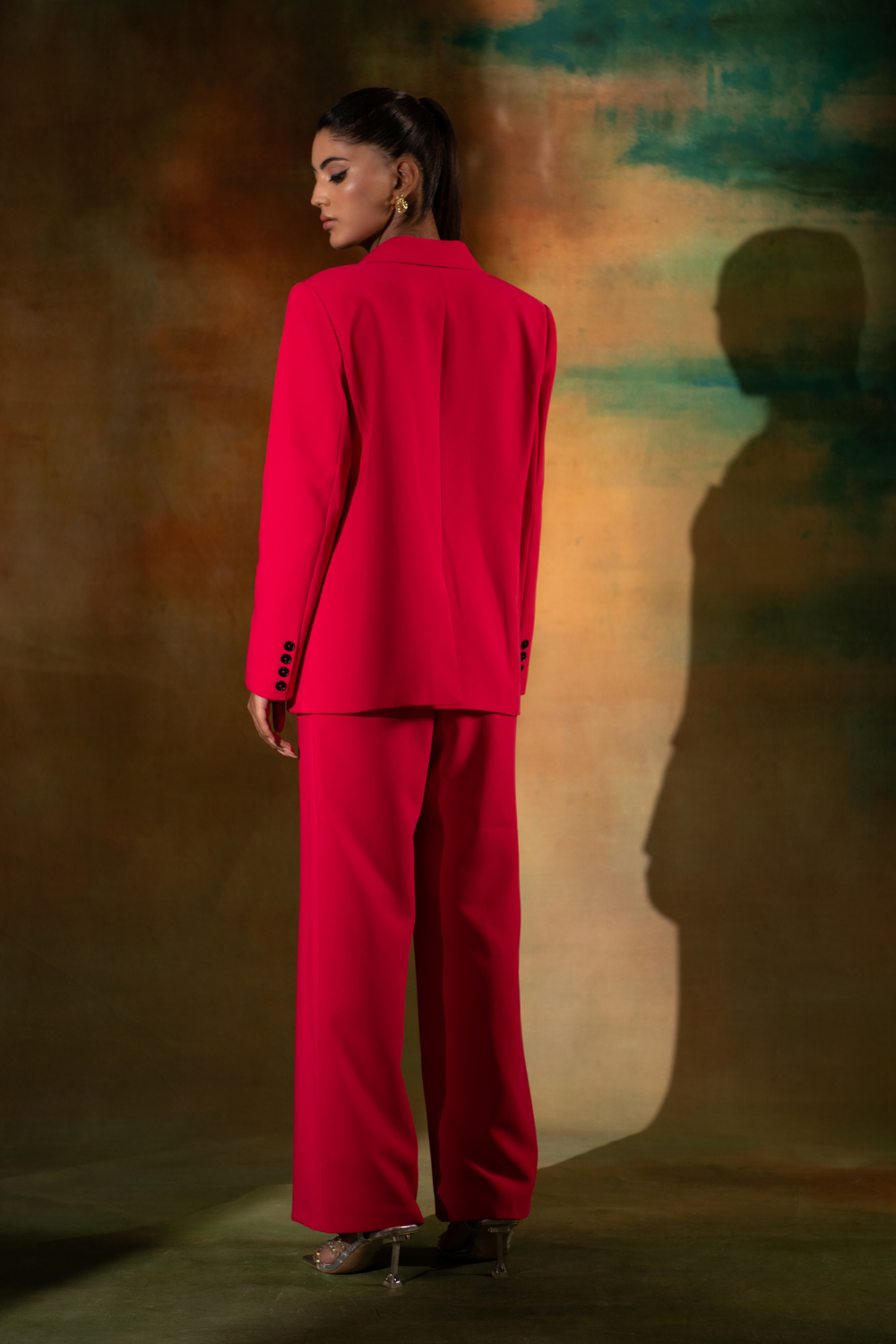 Double Breasted Silk Crepe Neon Pink Co-ord Set with Power Shoulders