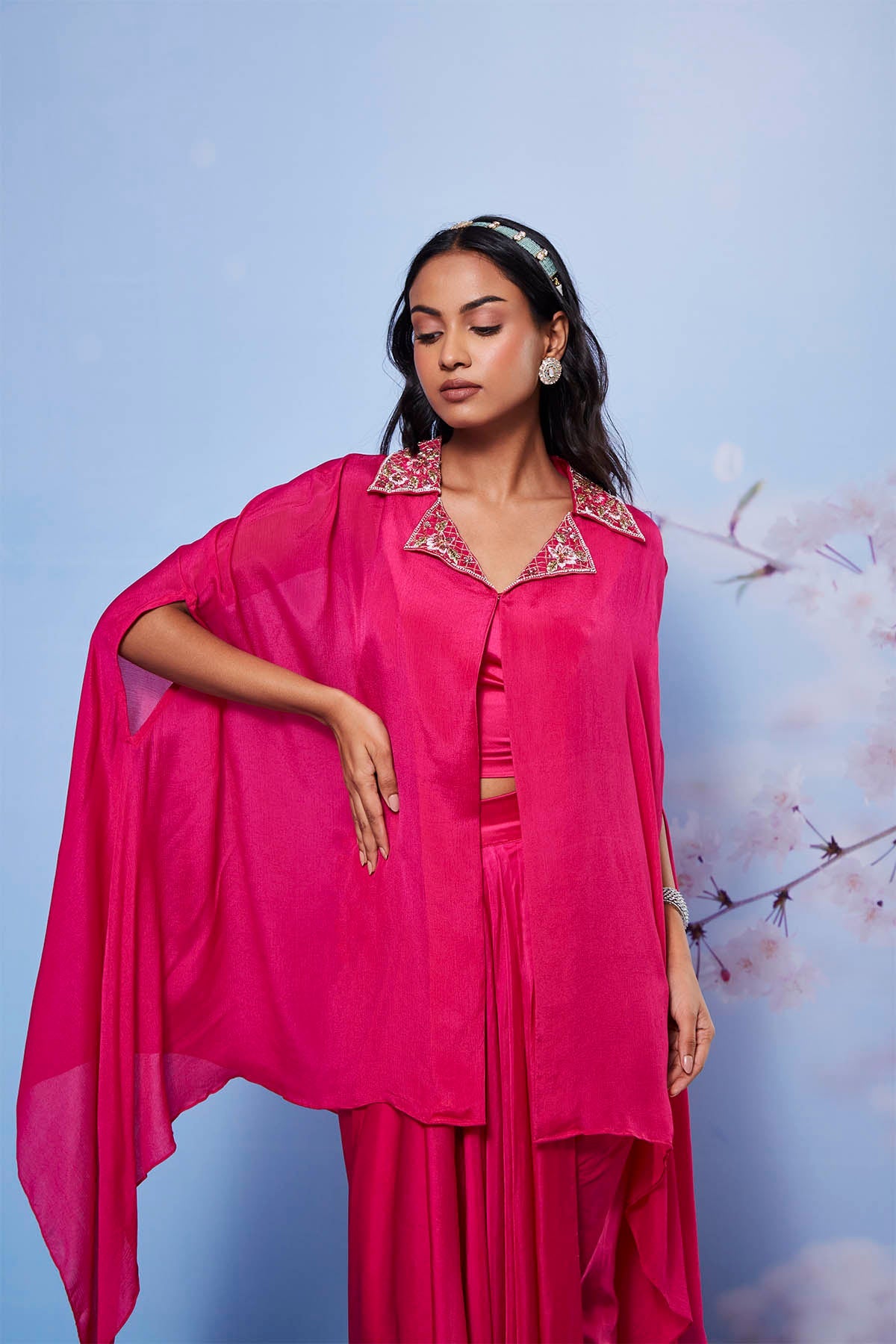 Zarin Rani Embroidered Cape Set with Pick-Up Skirt & Bustier