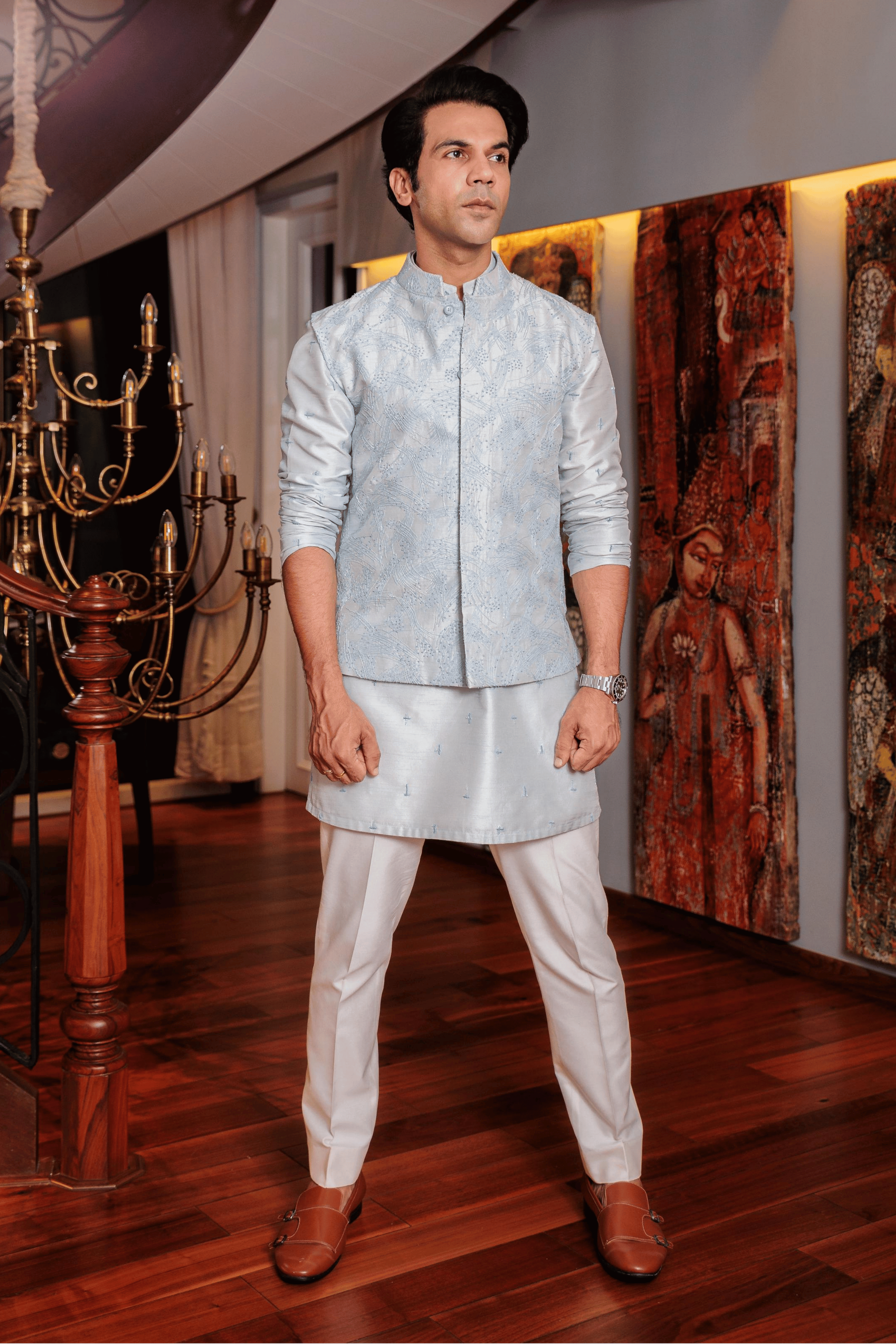 Light Blue Silk Hand Embroidered Kurta-Bandi Set