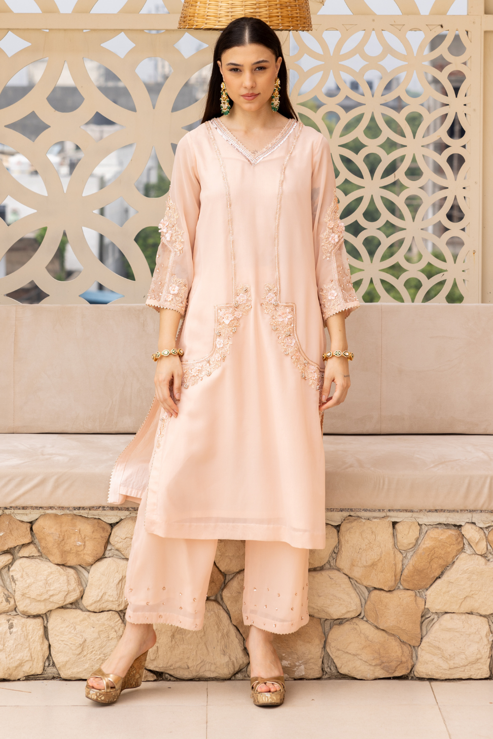 Peach Bhavya Embroidered Georgette Kurta Set with Plazzo