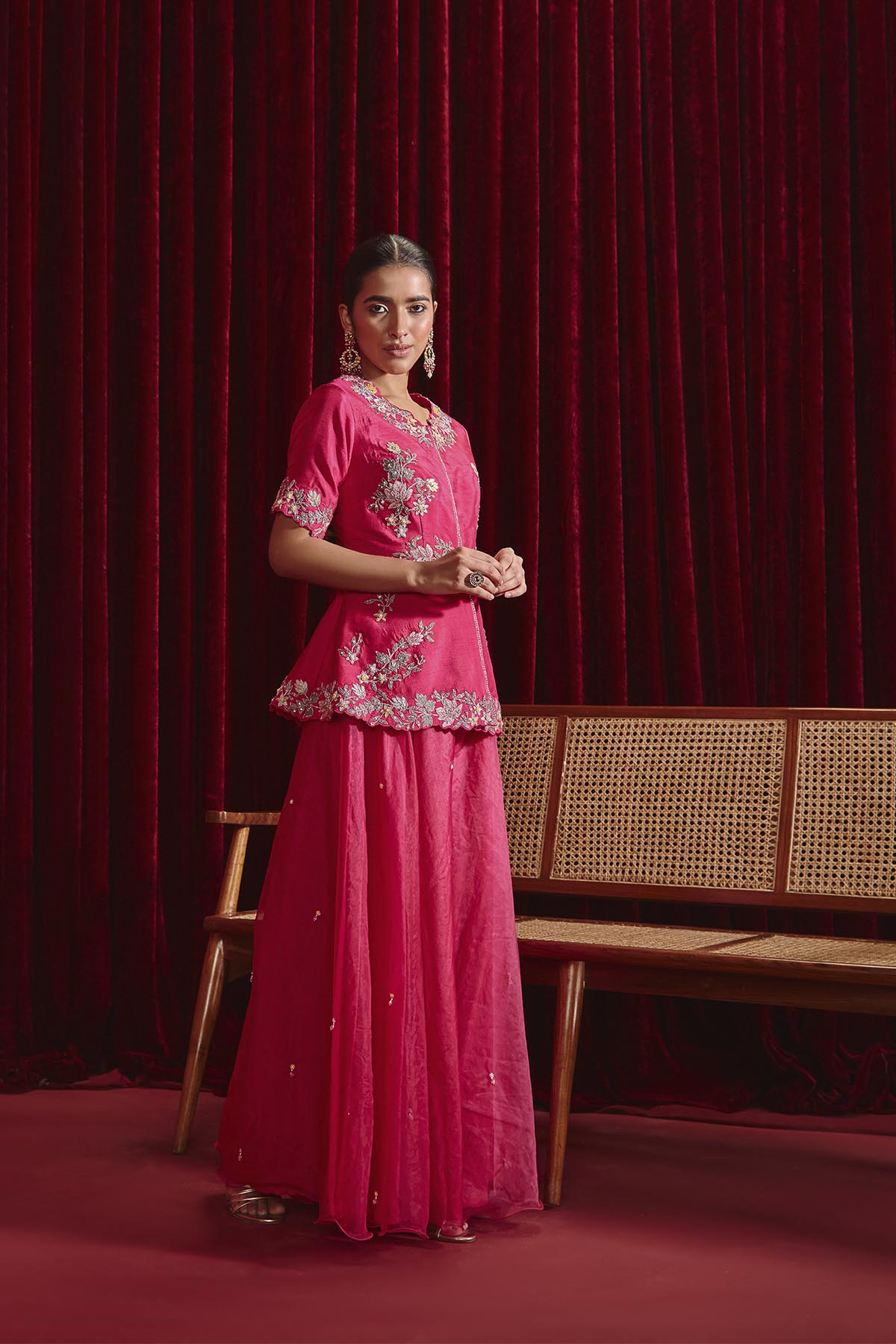 Rani Pink Embroidered A-Line Jacket with Beadwork Sharara Set