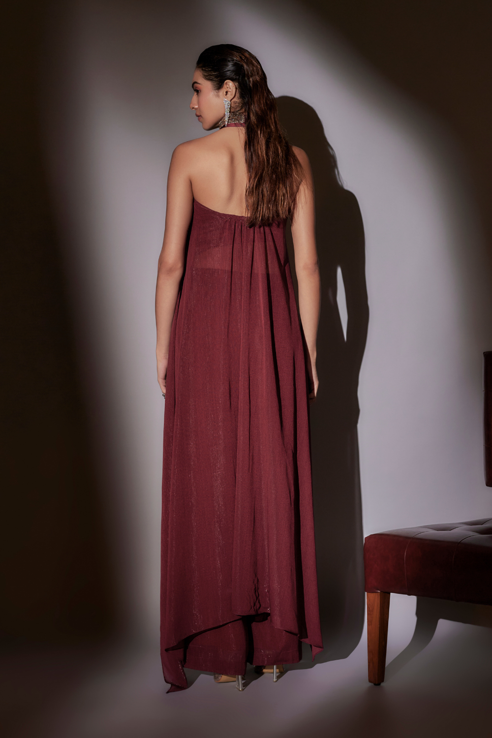 Myra Wine Satin Cape Set with Halter Neckband and Hipster Pants