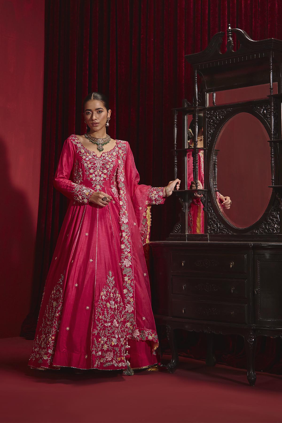 Rani Pink Embroidered Dupion Silk Anarkali Set for Weddings